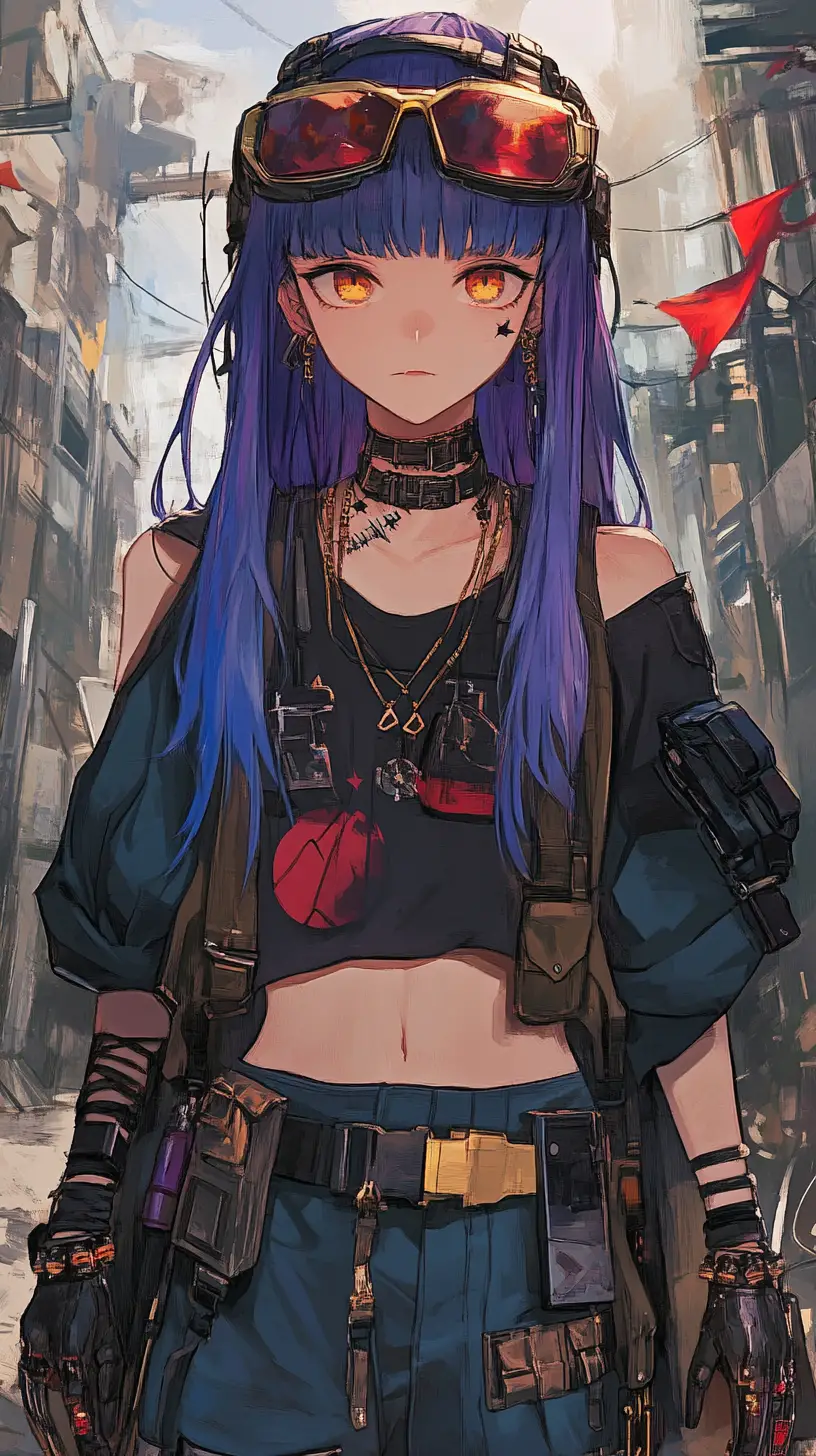 Ragazza anime dai capelli blu con cinture e mani bendate