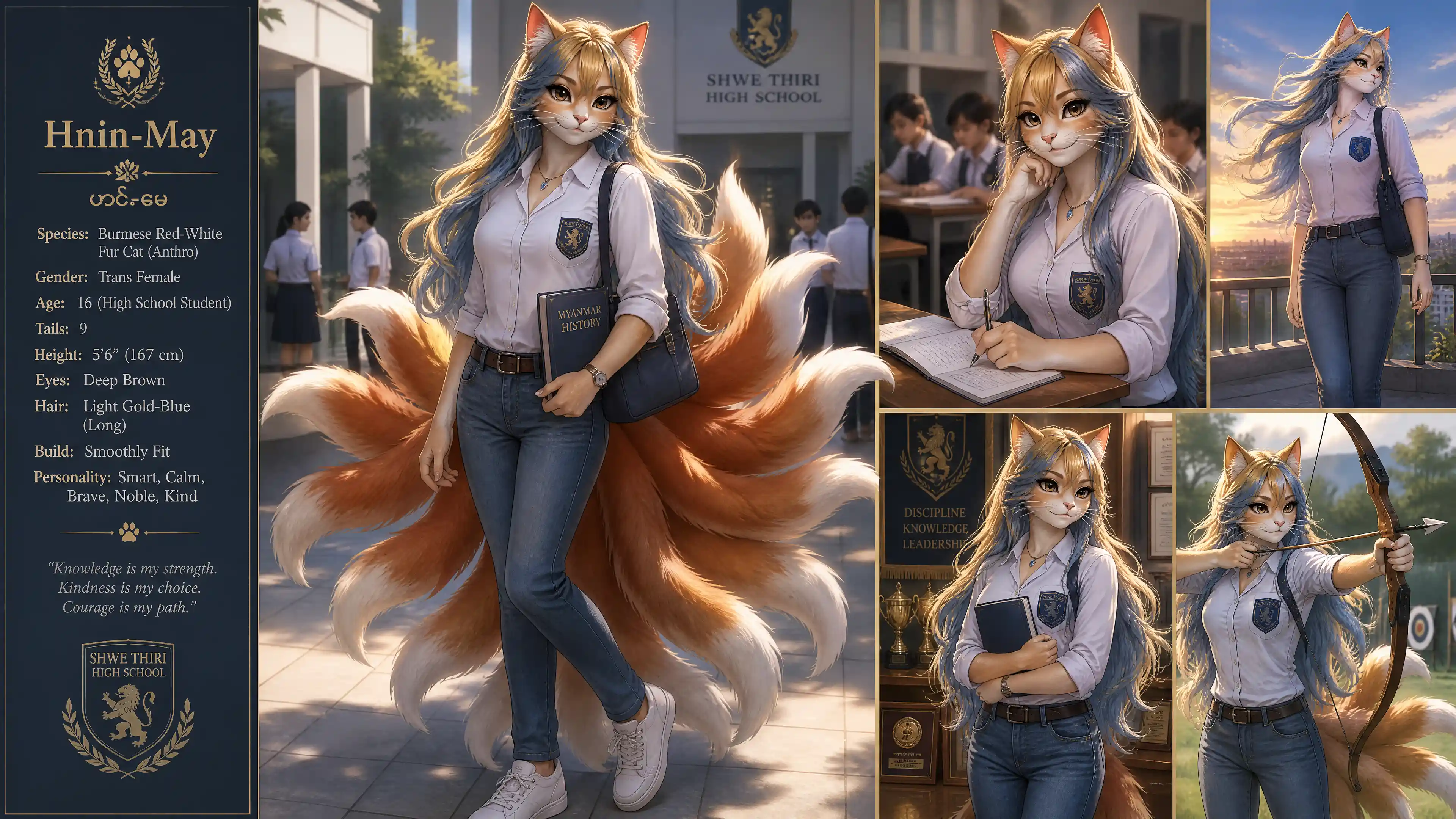 Chica gato birmana anthro de nueve colas con ropa casual