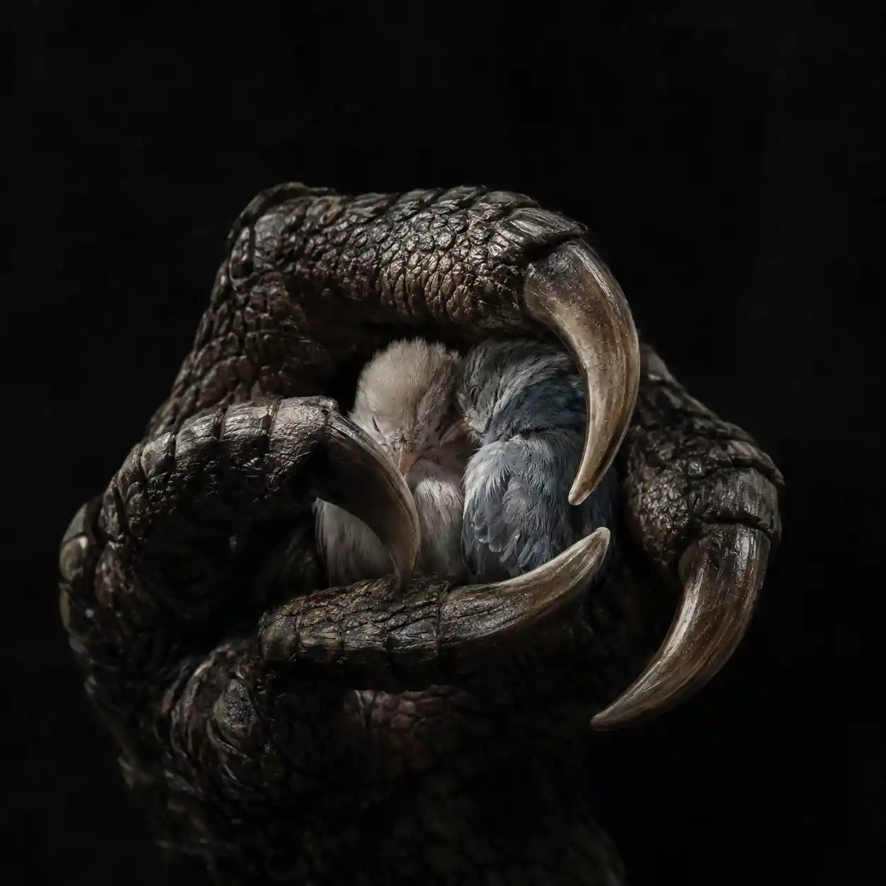 Garras de dragón que acunan diminutas aves en un oscuro estudio de arte fino