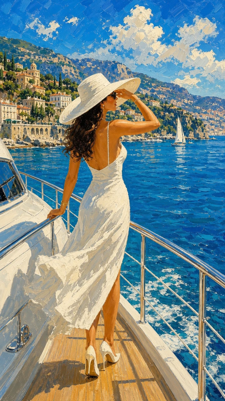 Mujer elegante en yate con vistas a la Riviera francesa