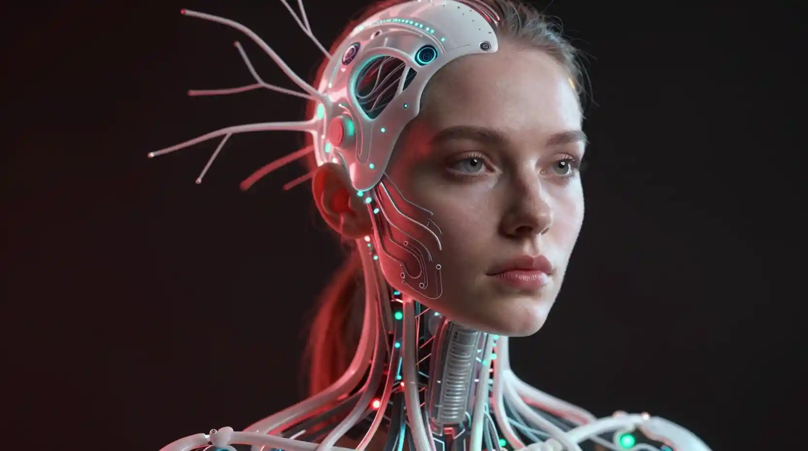 Futuristische europäische Frau, verschmolzen mit leuchtendem kybernetischem Netzwerk