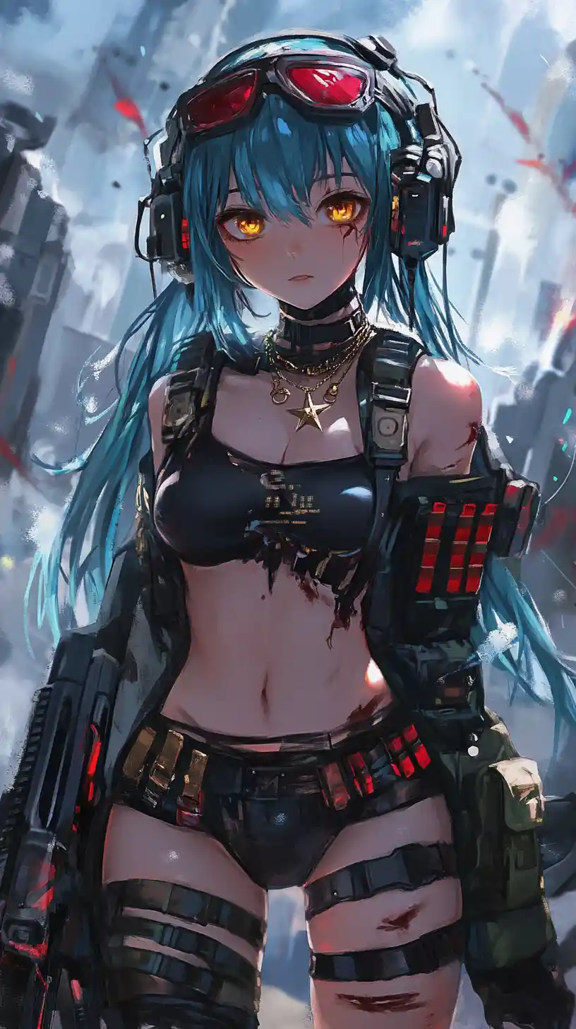 Blue haired anime girl with belts and bandaged hands
