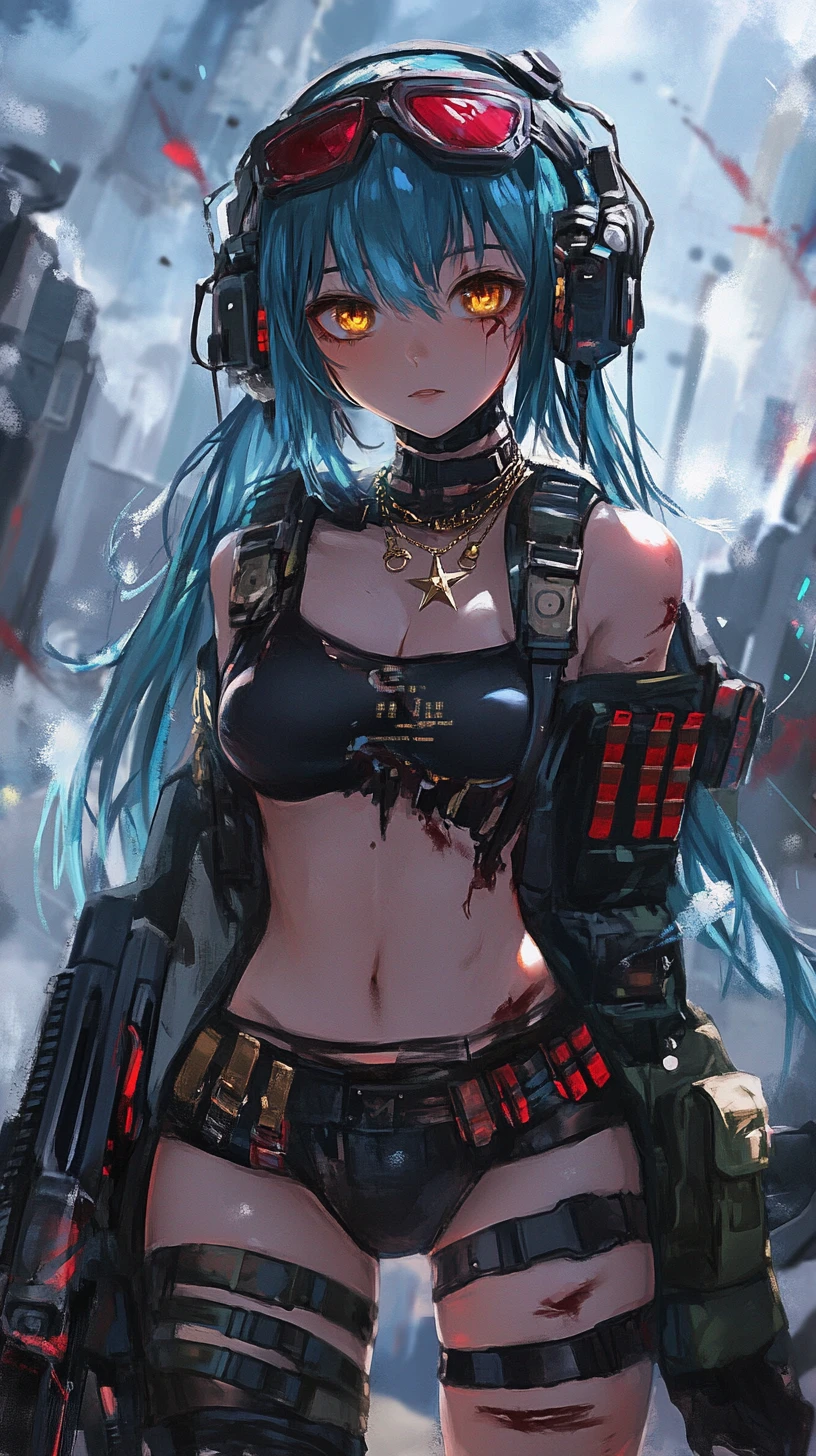 Blue haired anime girl with belts and bandaged hands