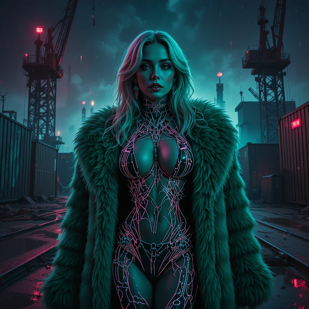 Cyberpunk-Femme-fatale in neonbeleuchtetem Industrie-Ödland