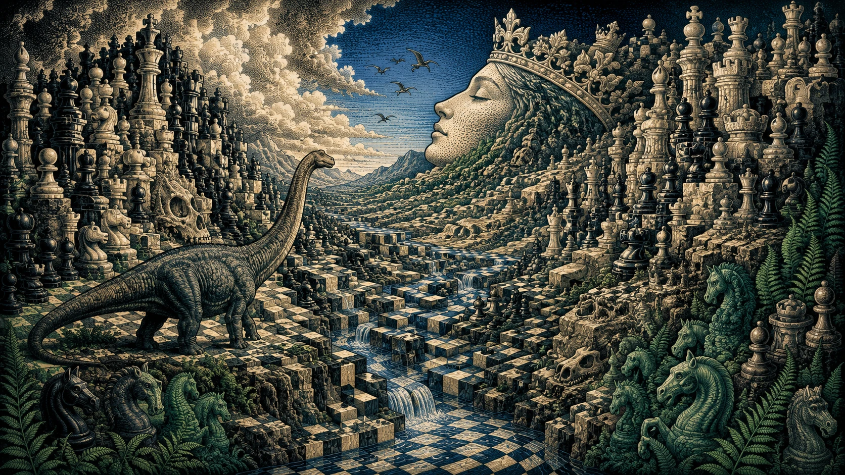 Enorme saurópodo caminando por un valle surrealista de piezas de ajedrez