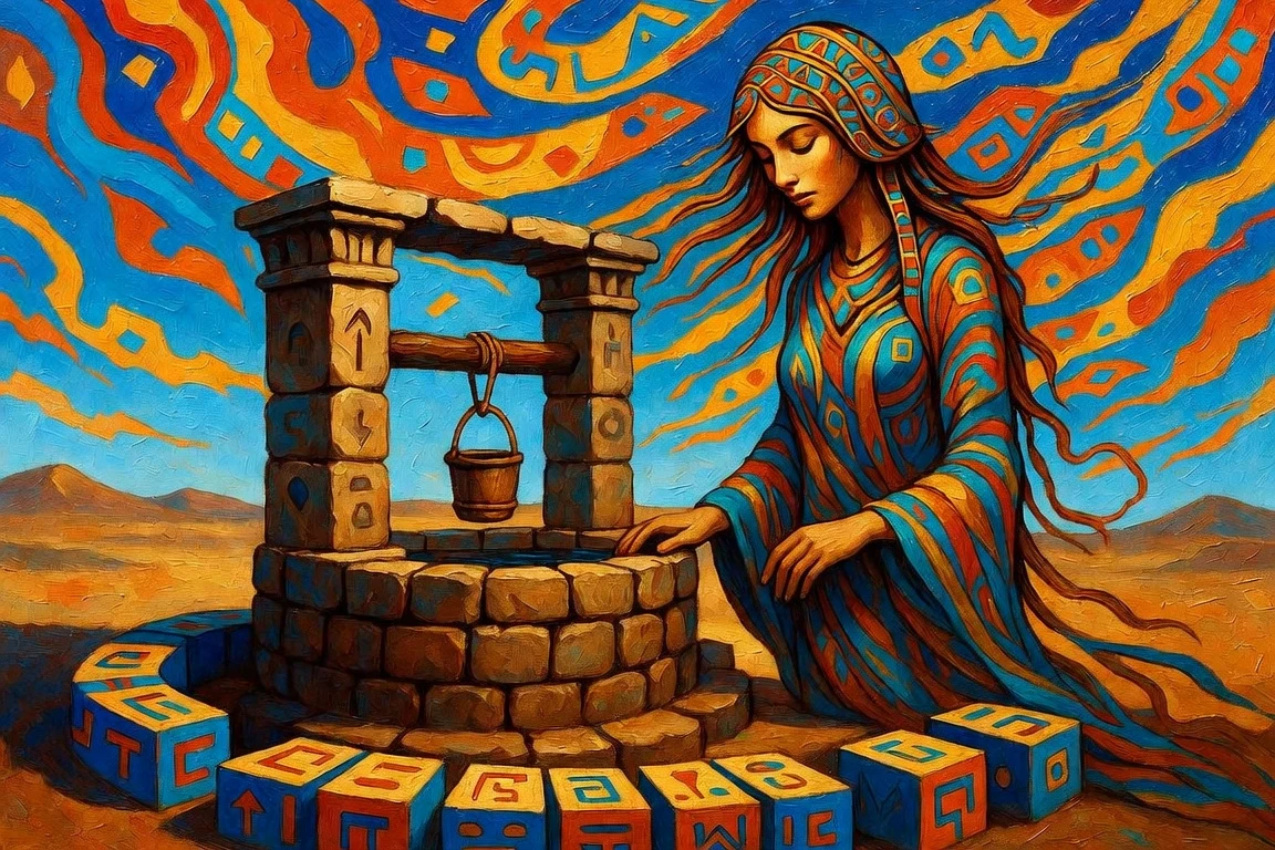 Mystical maiden at an ancient well in surreal colors