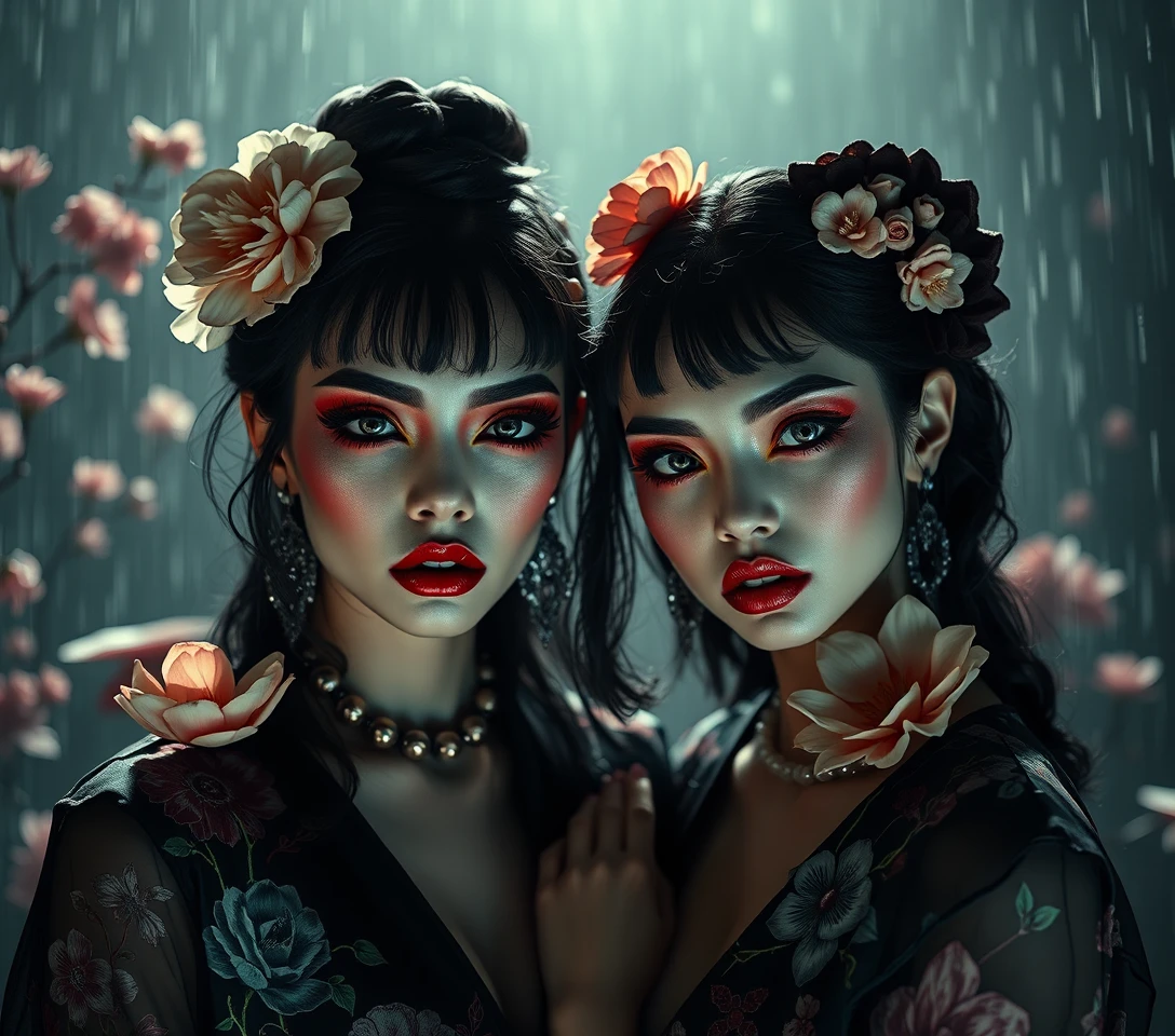Dos mujeres glamurosas en un retrato de moda oscura y surrealista