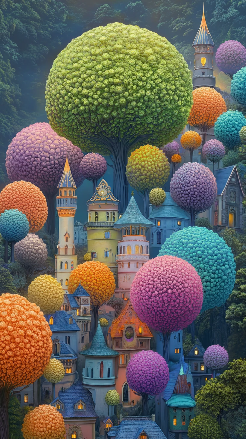 Paisaje de fantasía encantador con árboles brillantes y castillo