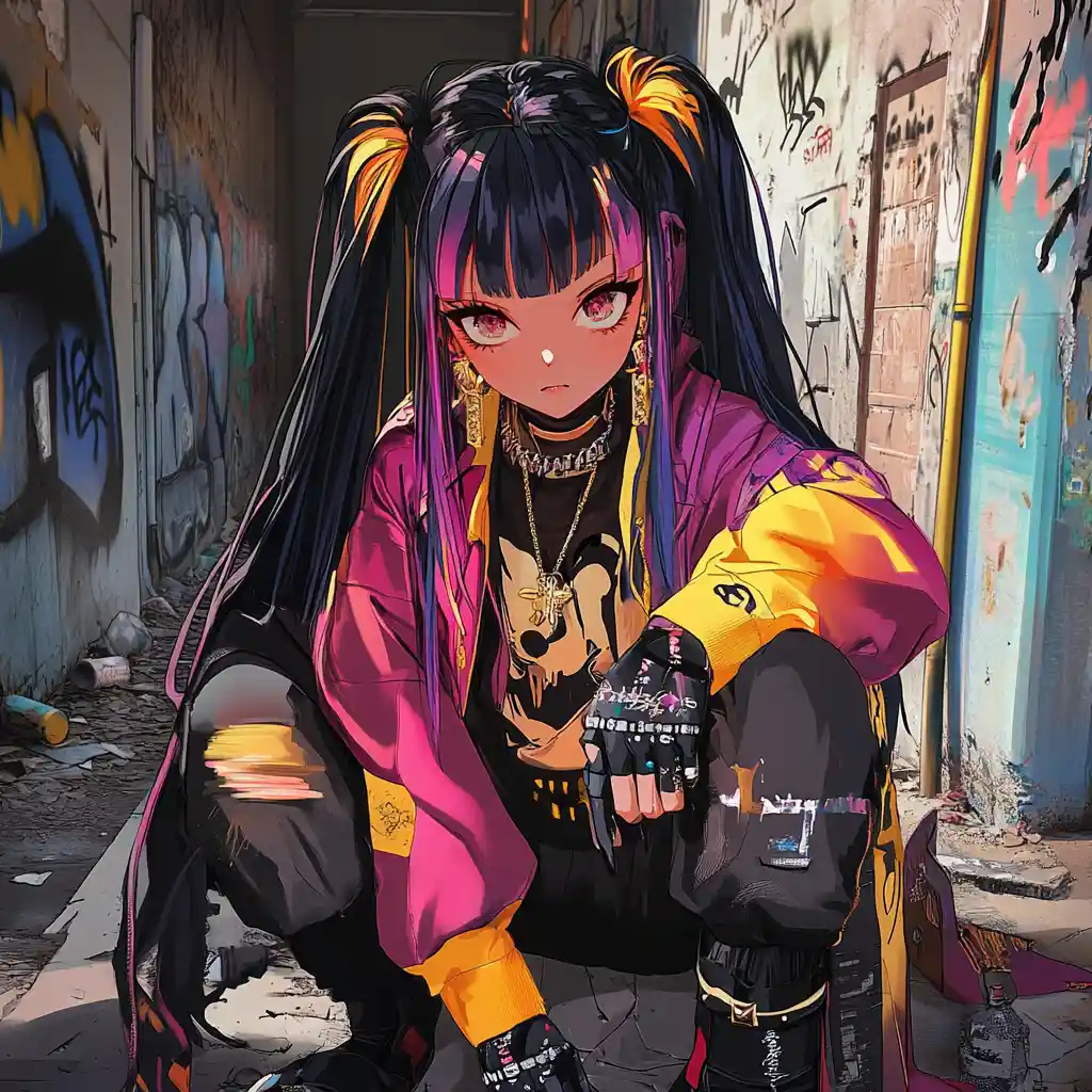 Anime girl with spray paint on a graffiti city street