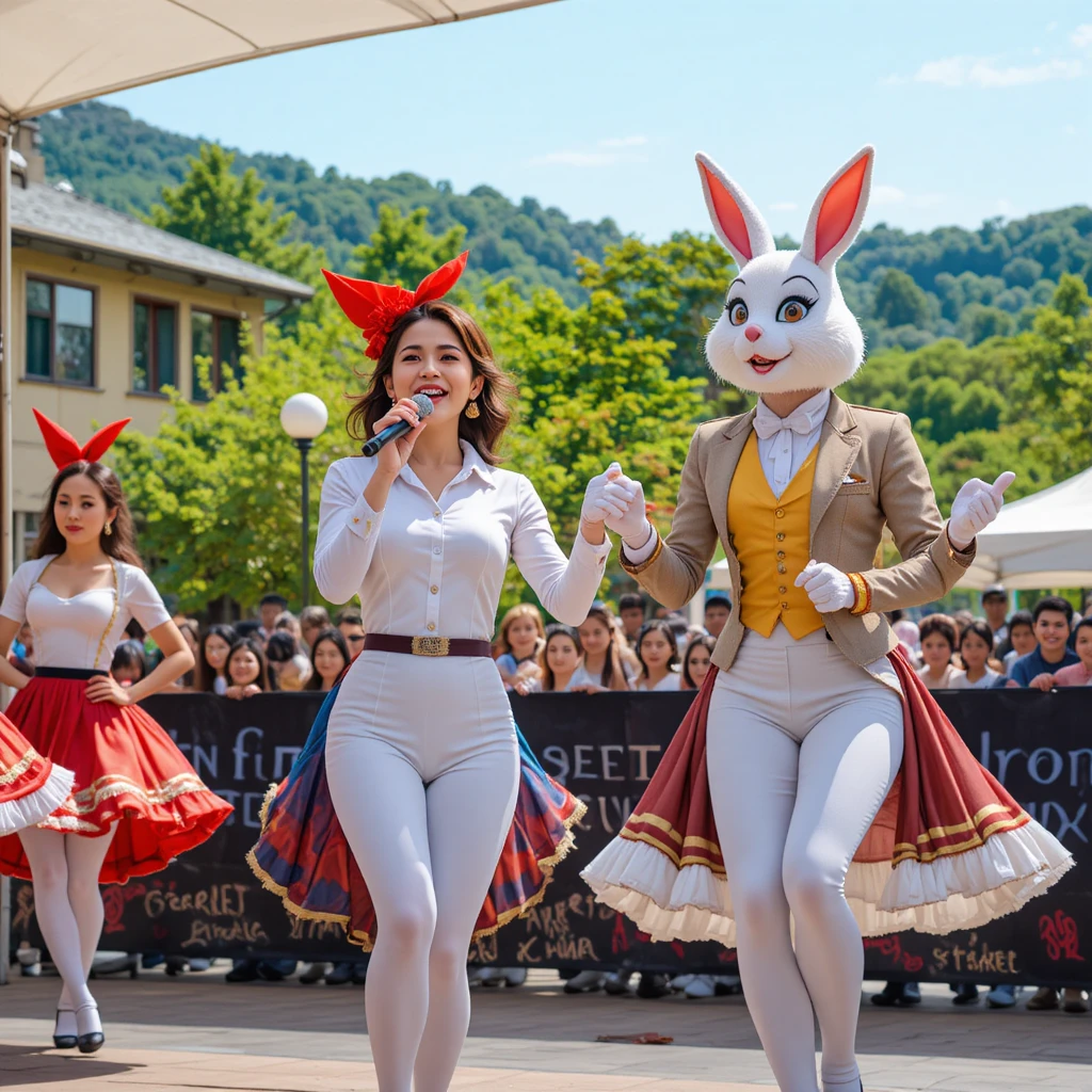 Bailarinas de cancán con coloridas faldas en escenario al aire libre