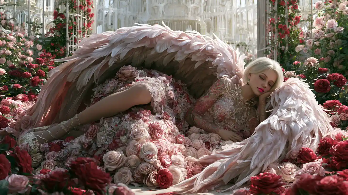 Tattooed angelic woman resting in a rose filled garden