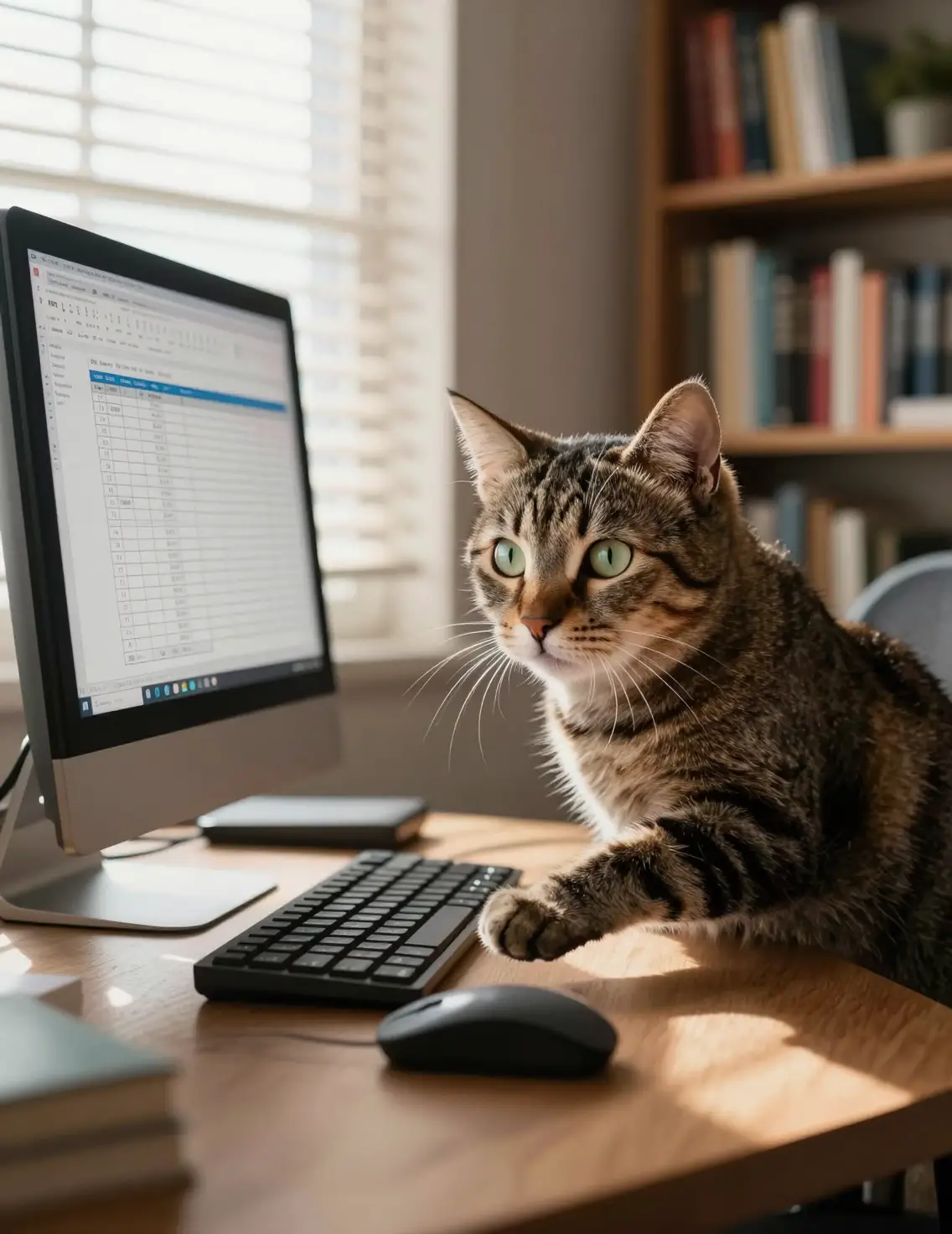 Gatto curioso che sbircia da dietro un monitor in un home office