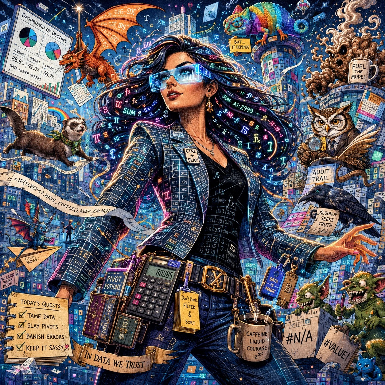 Hechicera de datos que domina una ciudad surrealista de hojas de cálculo