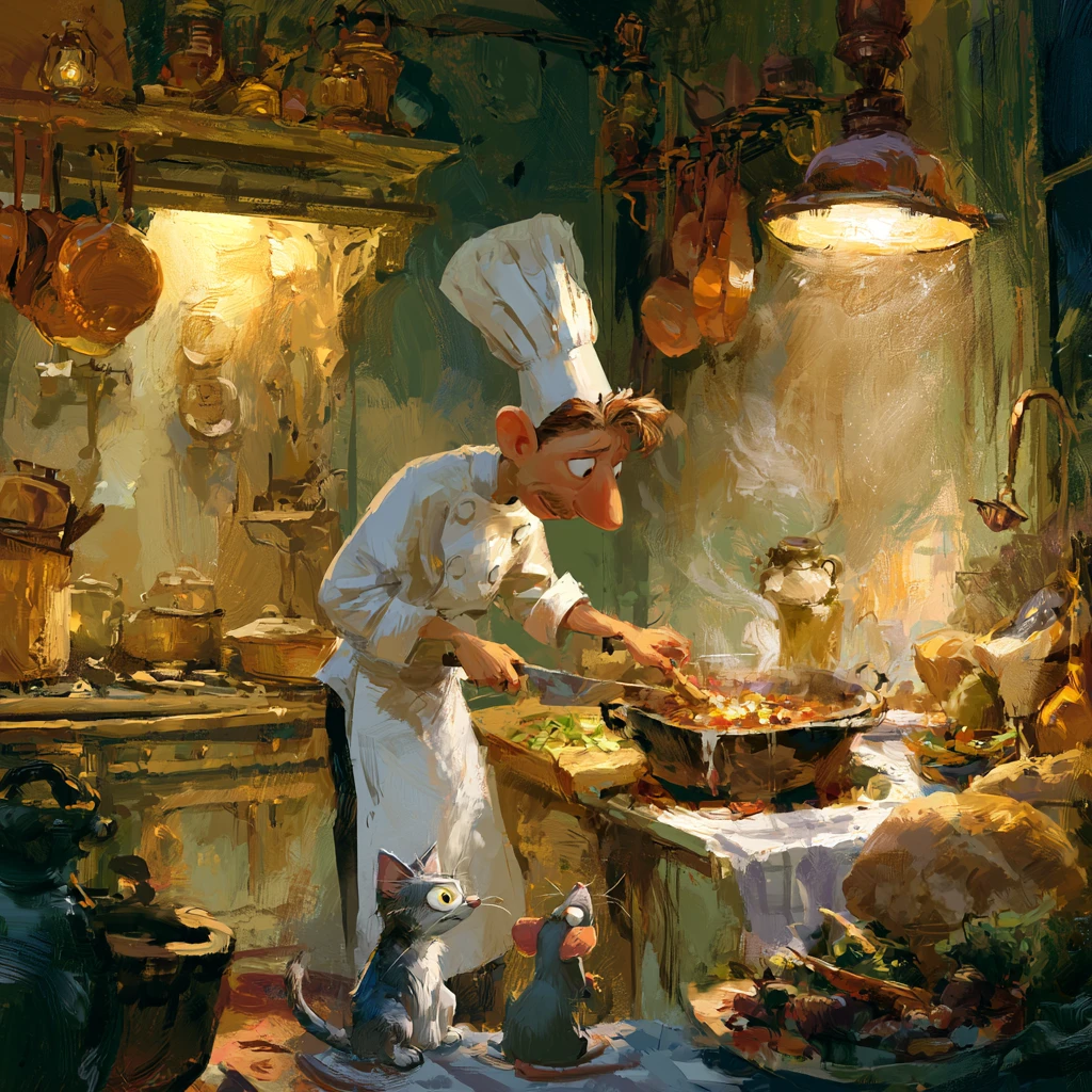 Divertido gato chef y ratón en una cocina vintage