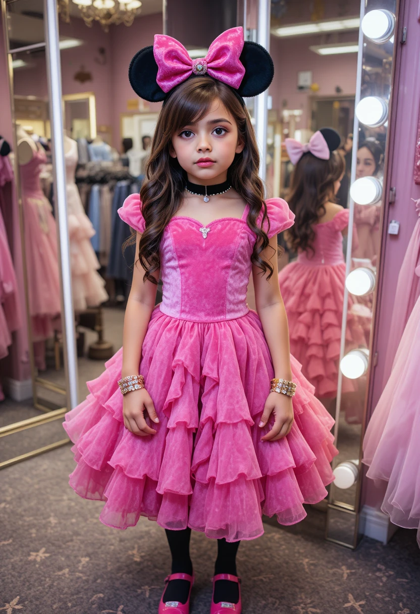 ピンクのベルベットのプリンセスドレスでポーズをとる緊張した少年