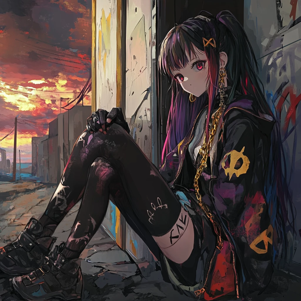 Anime girl painting graffiti on a colorful city wall