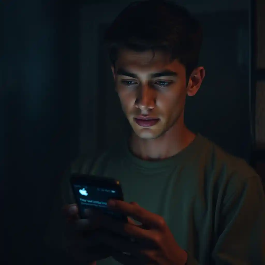 Joven leyendo un inquietante mensaje de celular a medianoche