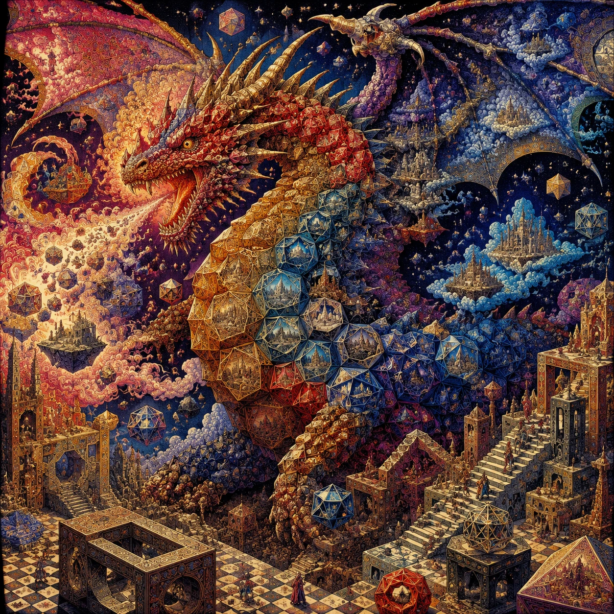 Dragón de escamas de gema que se alza en un cielo de fantasía surrealista