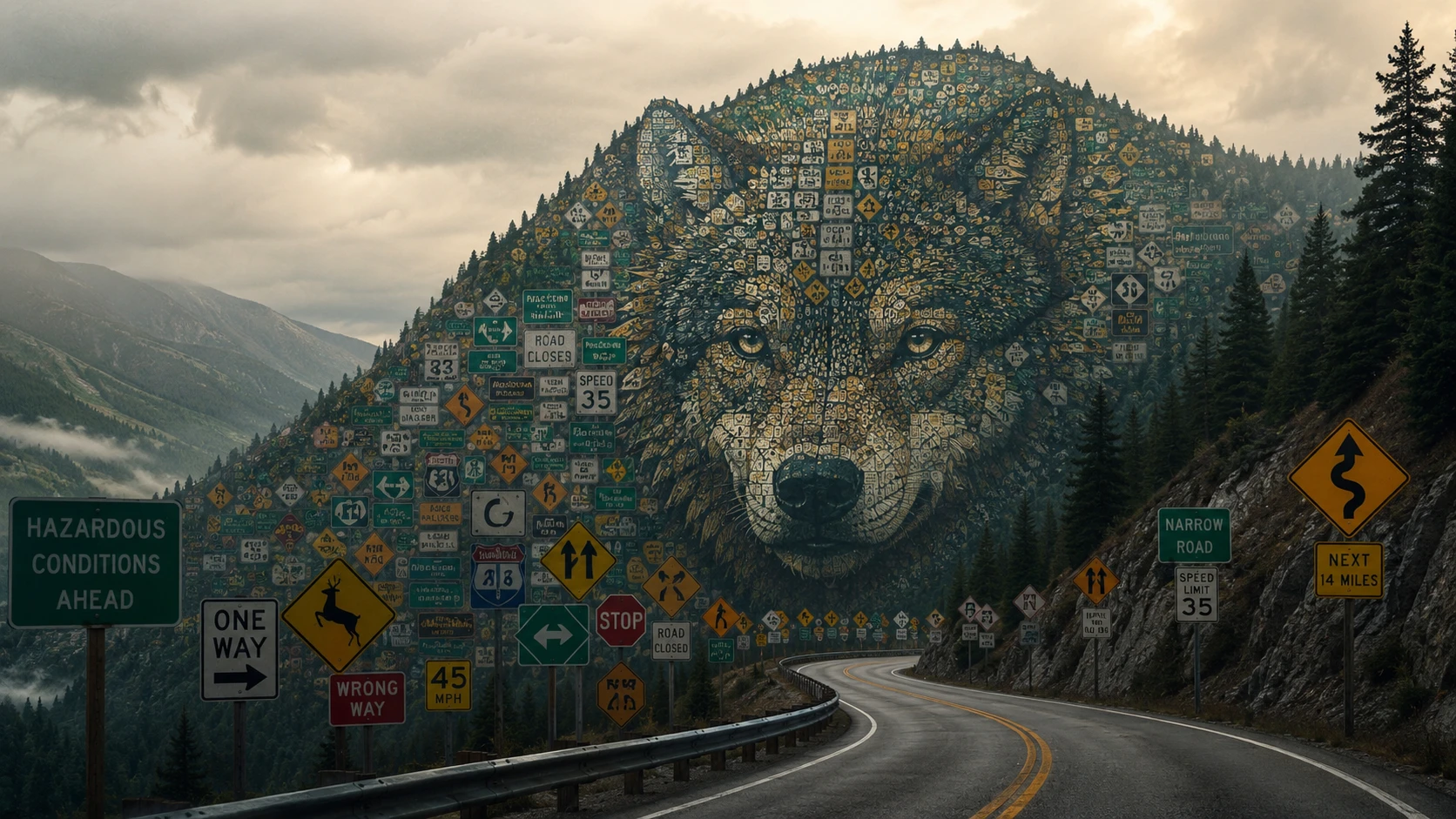 隠れた肖像画を形作る道路標識の山岳ハイウェイ