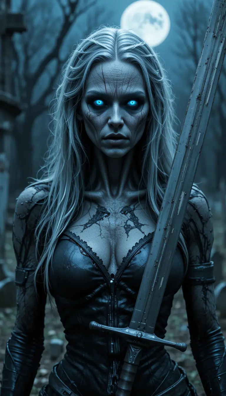 Terrifying Undead Woman With Sword In Moonlit Graveyard
