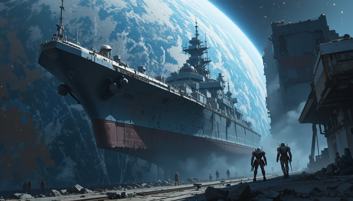Acorazado espacial dañado que regresa a un puerto espacial futurista