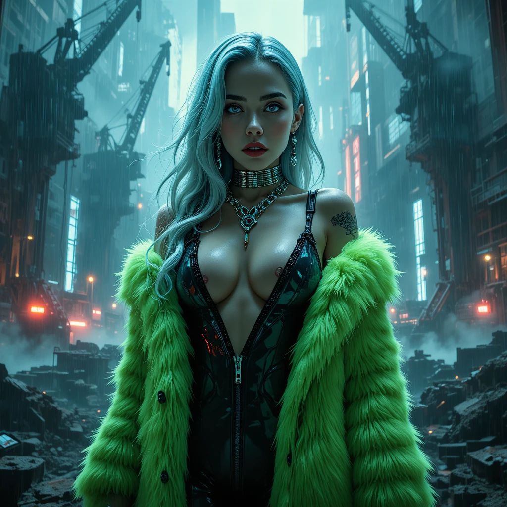 Noir cyberpunk woman in neon fur at ruined harbor
