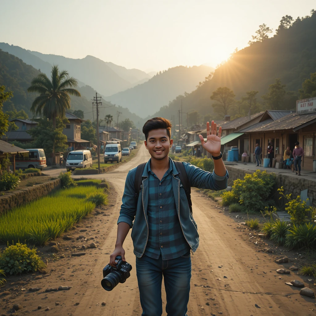 Joven nepalí haciendo vlog mientras camina por un camino verde de pueblo