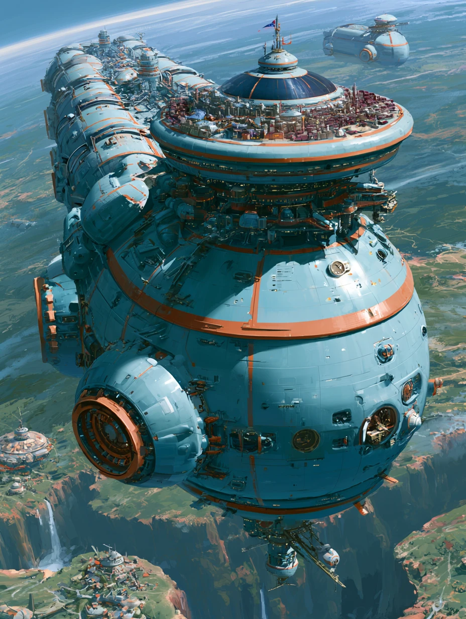 Massive cargo spaceship city approaching a green planet