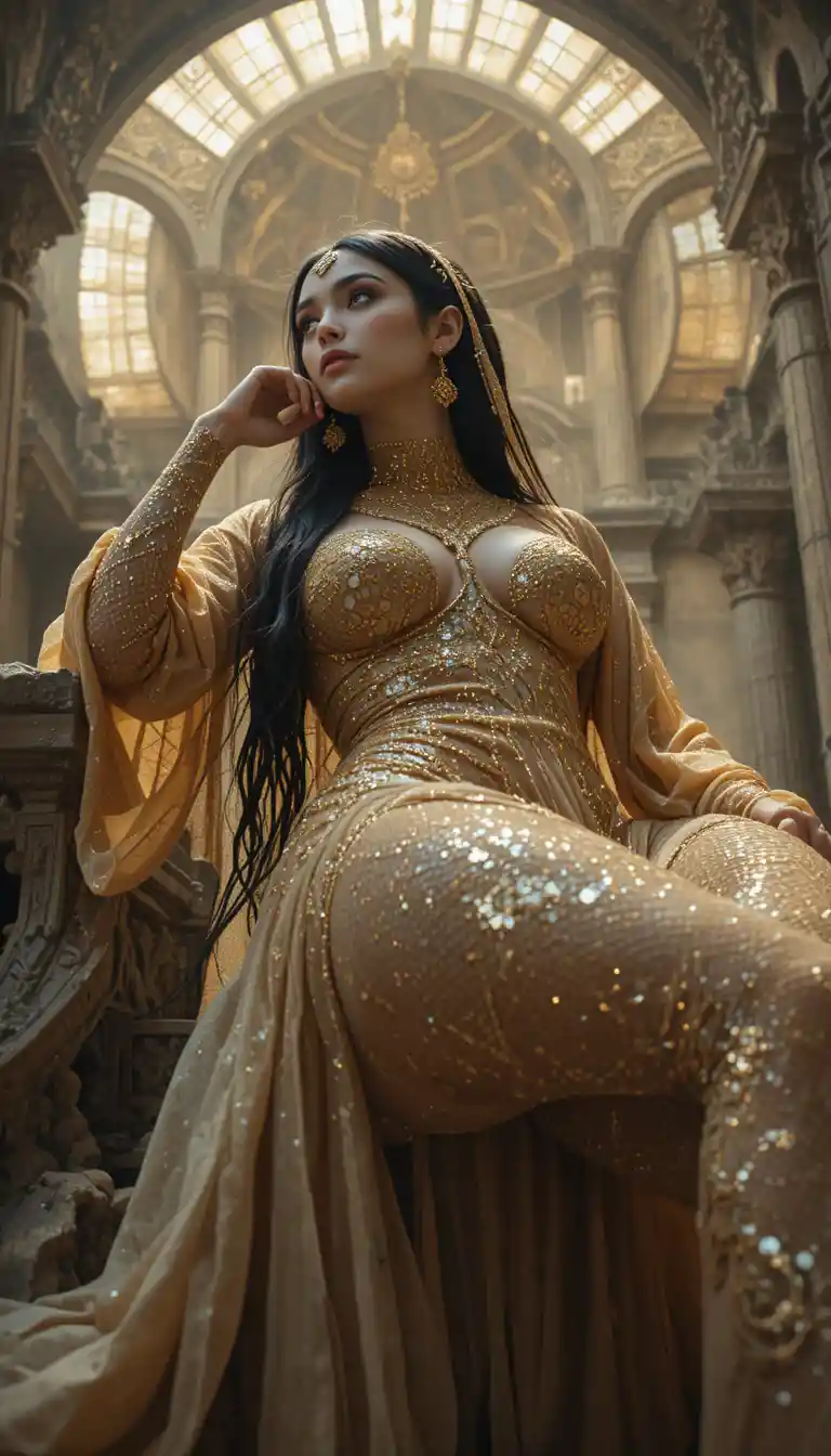 半透明の金色のローブをまとい古代の祭壇に横たわる魅惑的な女性