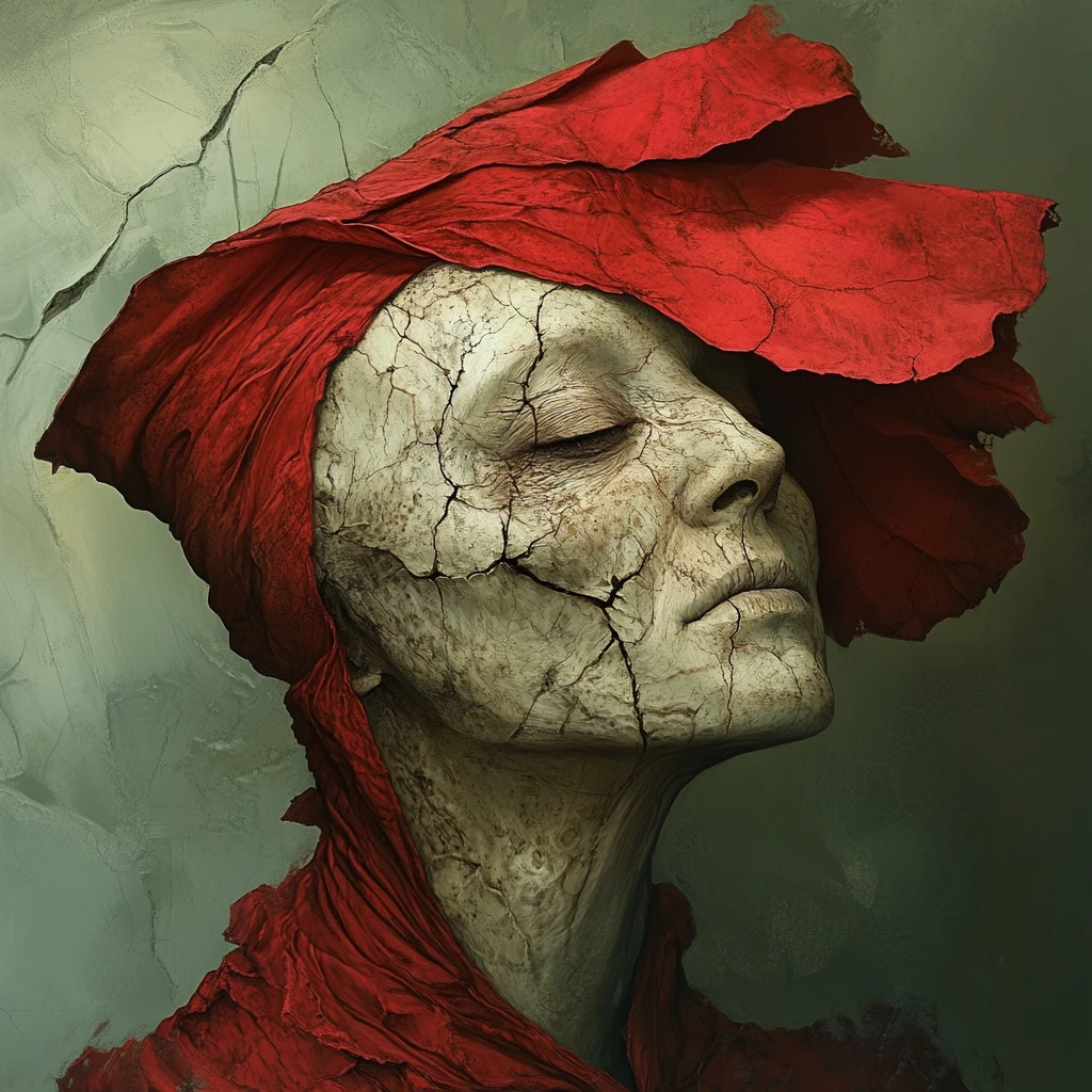 Golem malinconico con berretto invernale rosso e dolce sorriso