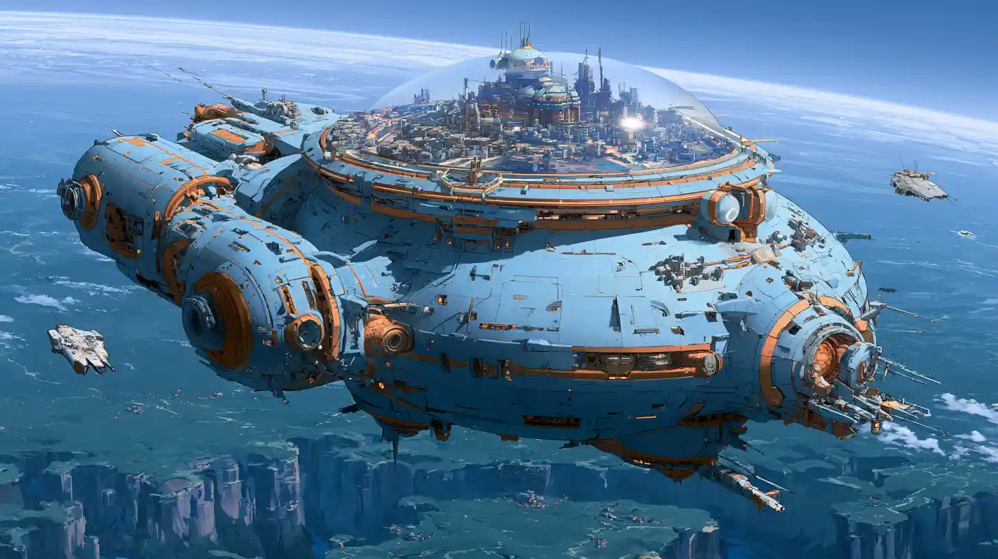 Gigantic cargo spaceship city approaching a verdant planet
