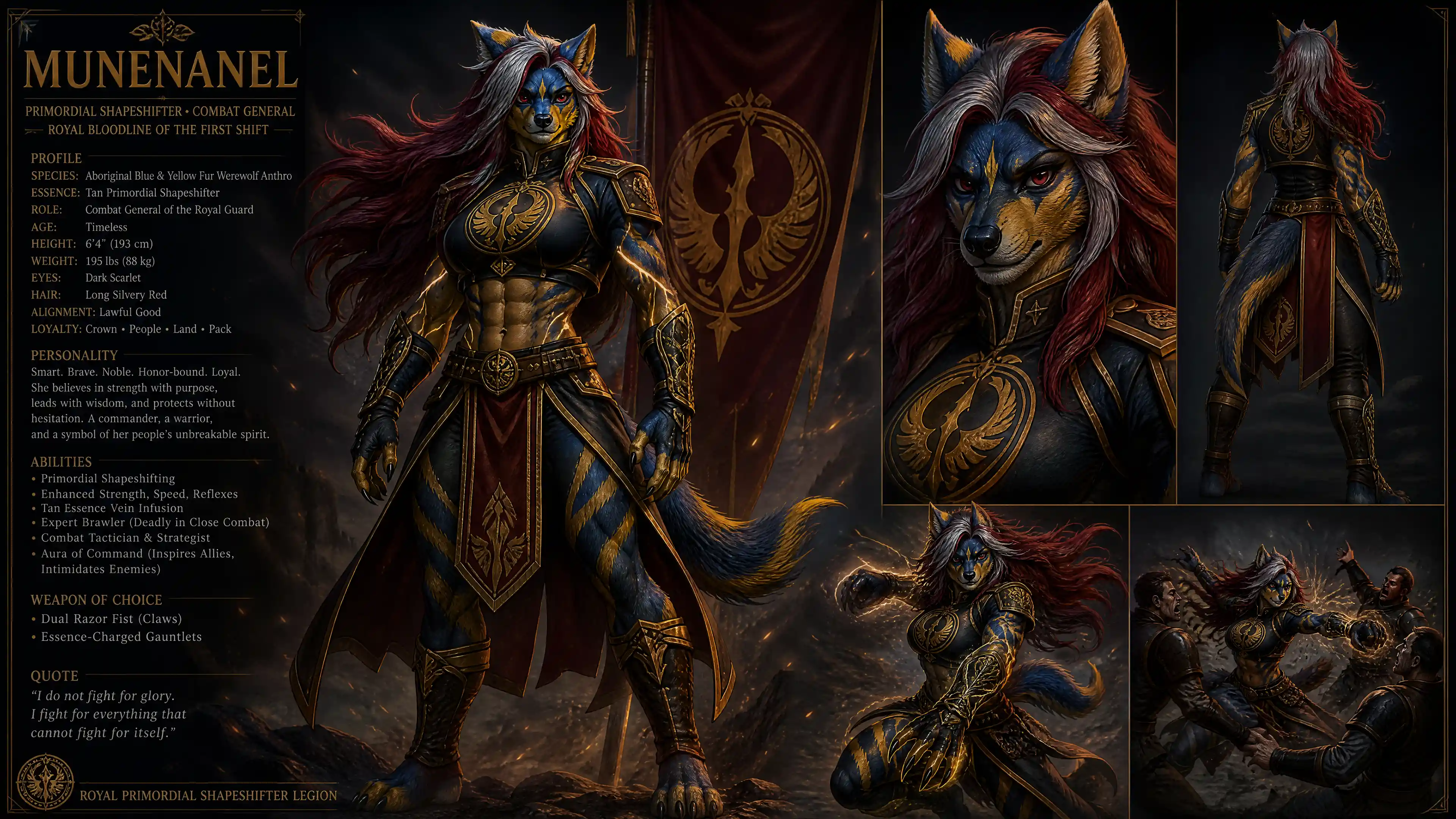 Heroic blue and yellow werewolf warrior woman in uniform