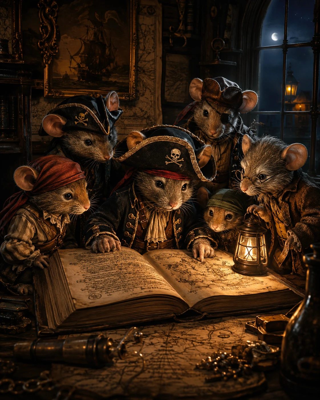Topi pirata che leggono un antico libro in uno studio gotico