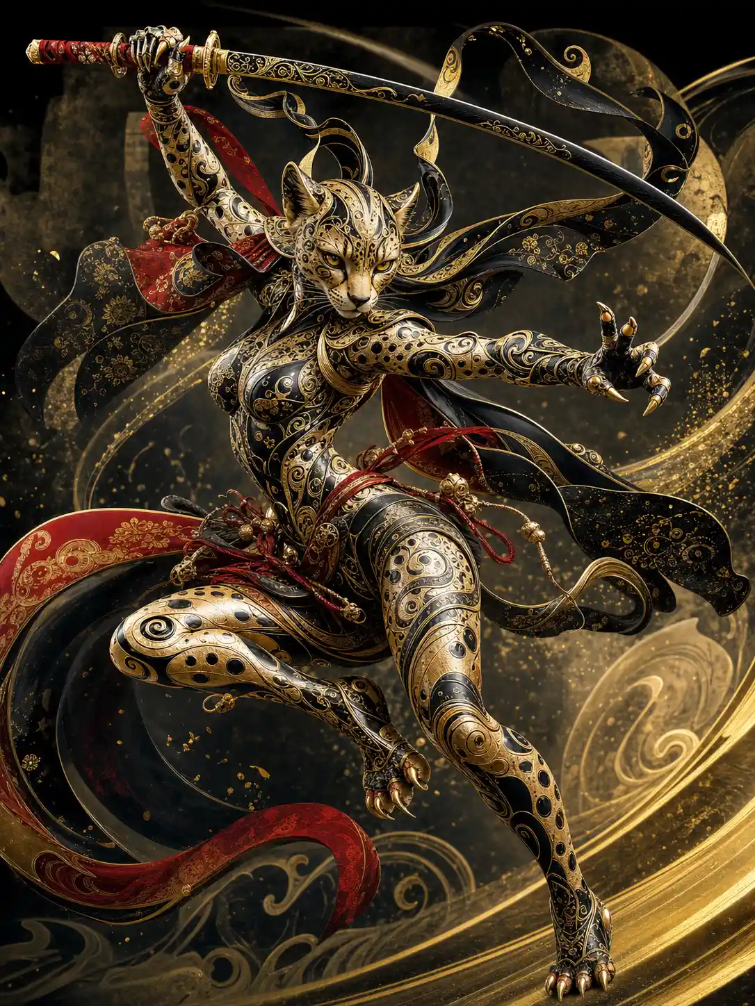 Fractal feline warrior woman leaping with curved ninja sword