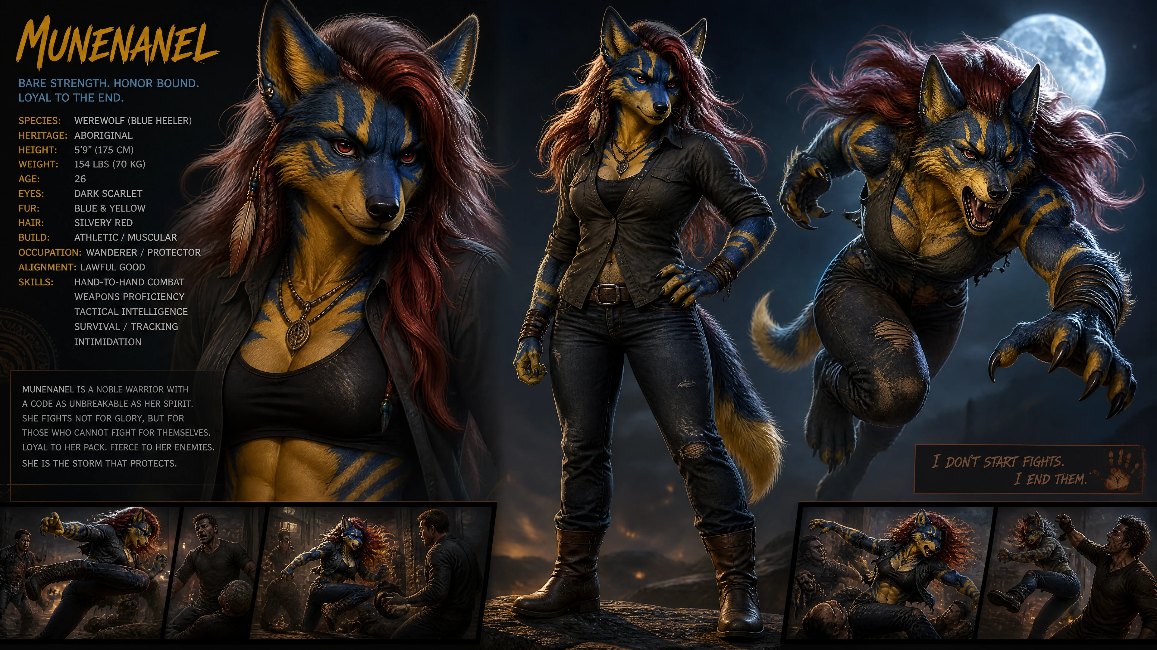 Mujer hombre lobo antropomórfica azul y amarilla heroica con ropa casual