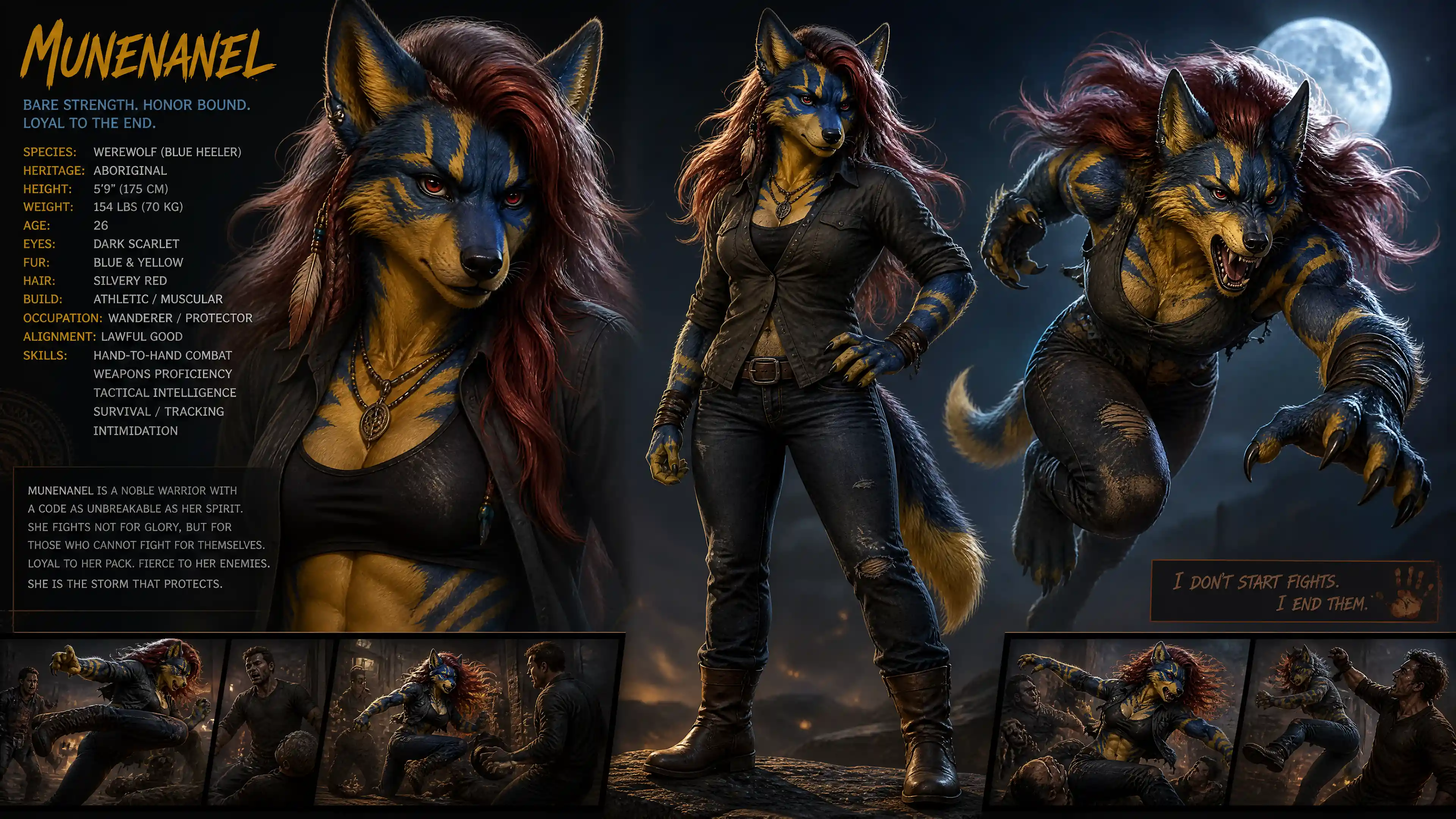 Mujer hombre lobo antropomórfica azul y amarilla heroica con ropa casual