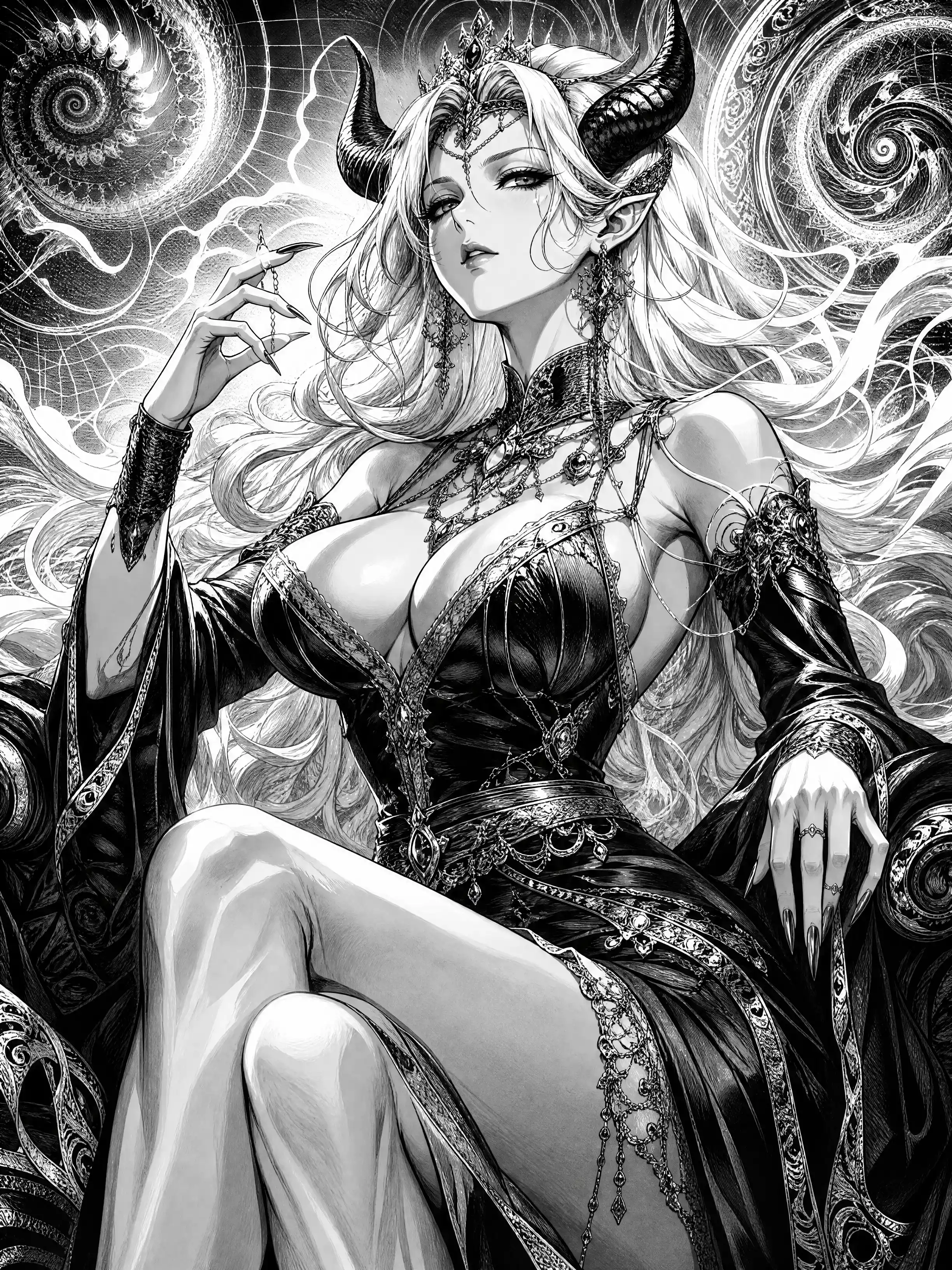 ドラマチックなモノクロ照明に包まれた壮大なファンタジー漫画のヒロイン