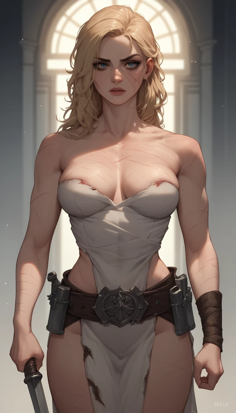 Scarred blonde woman on a dimly lit war battlefield