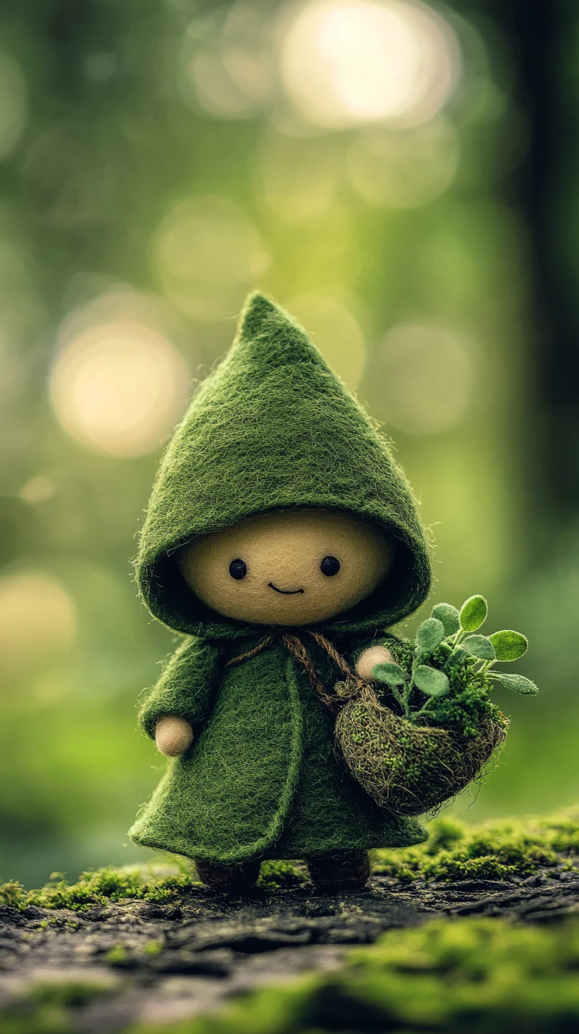 Handmade felt forest toy in a moss green cloak