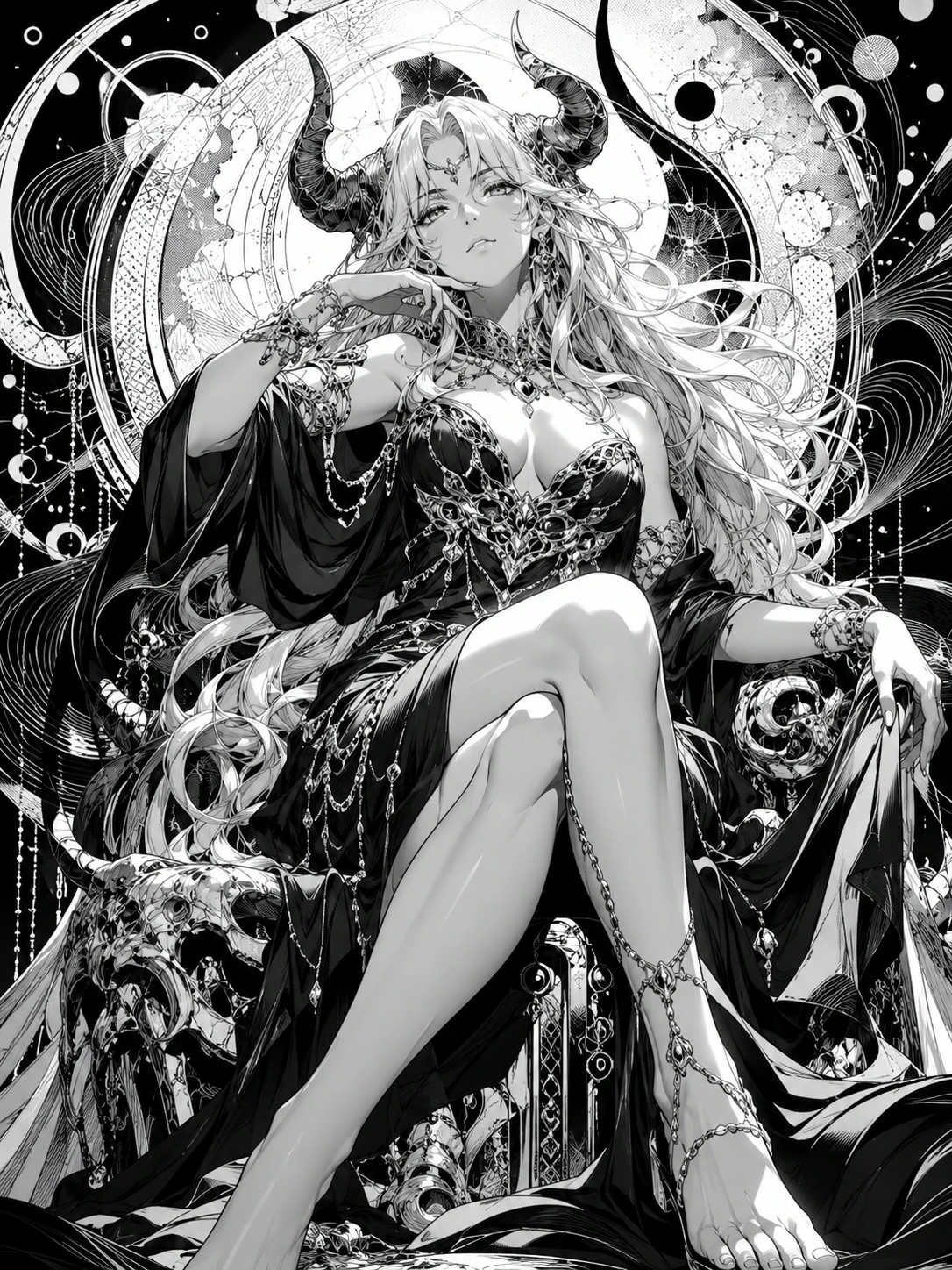 Mujer fantástica con cuernos en ilustración dramática estilo manga