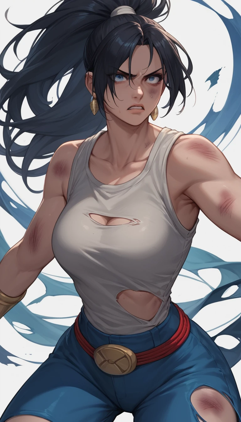 Determined anime woman battered but unbroken in blue attire