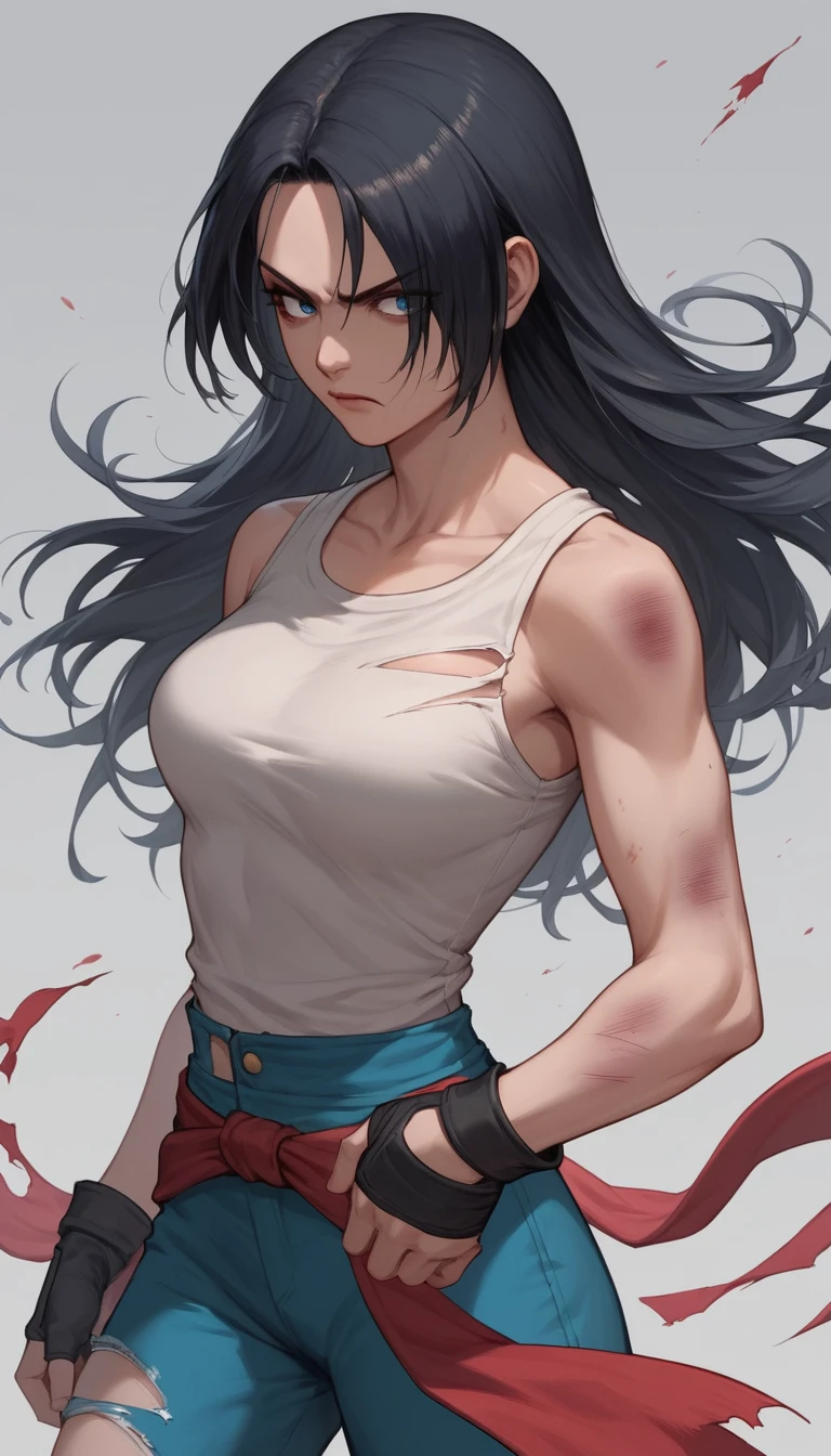 Mujer de anime magullada con expresión feroz y decidida