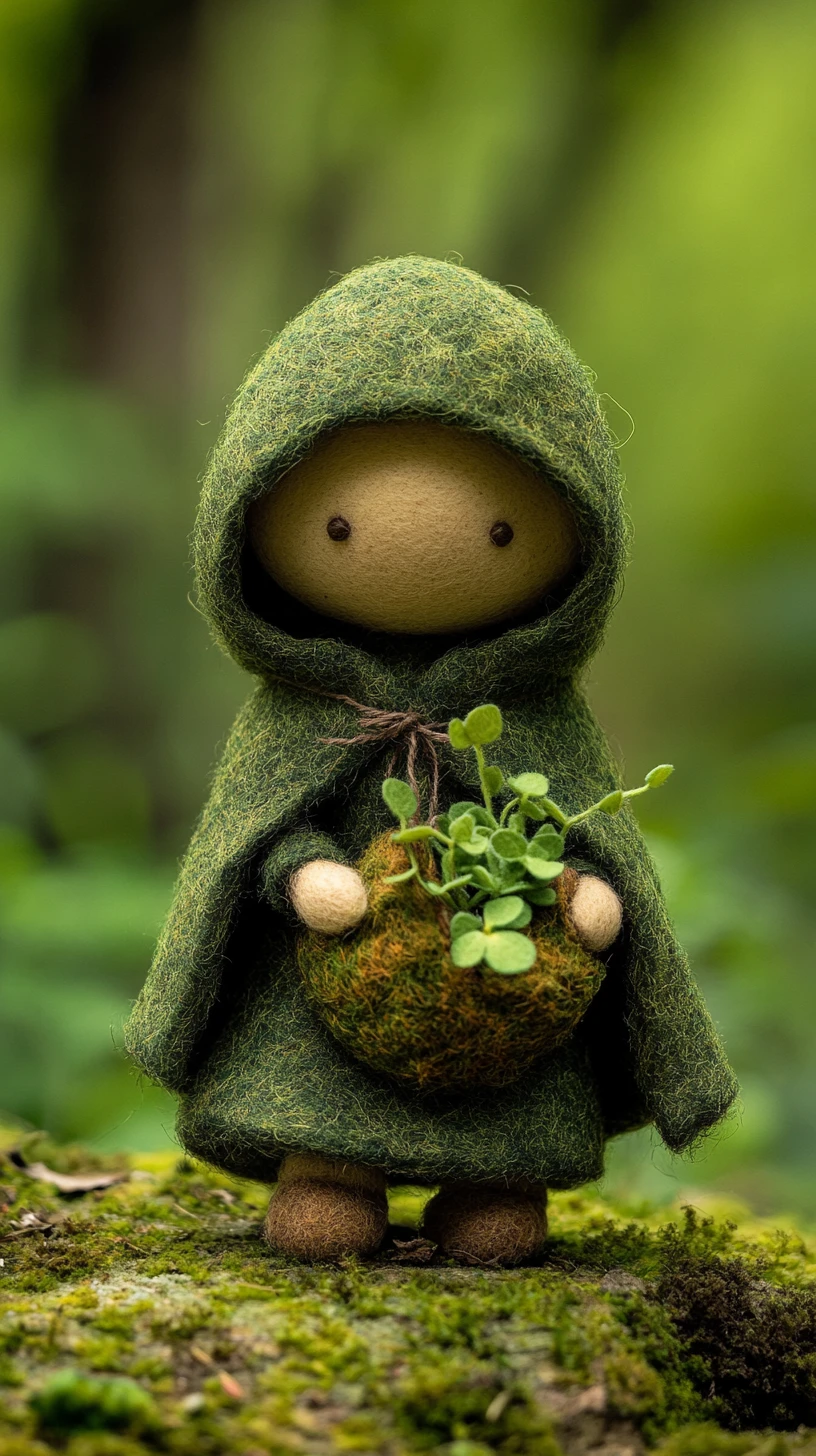 Handmade felt toy in a mossy forest setting