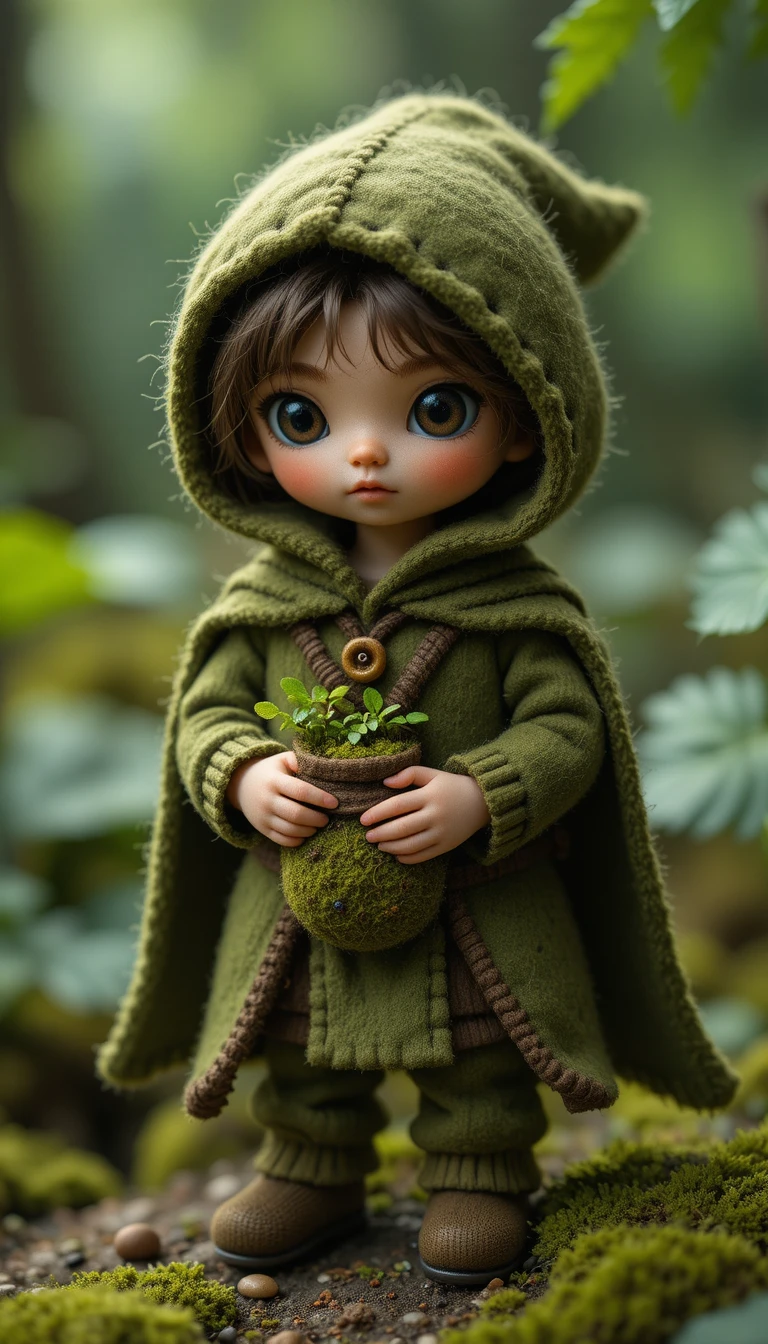 Juguete artesanal de fieltro del bosque con capa verde musgo