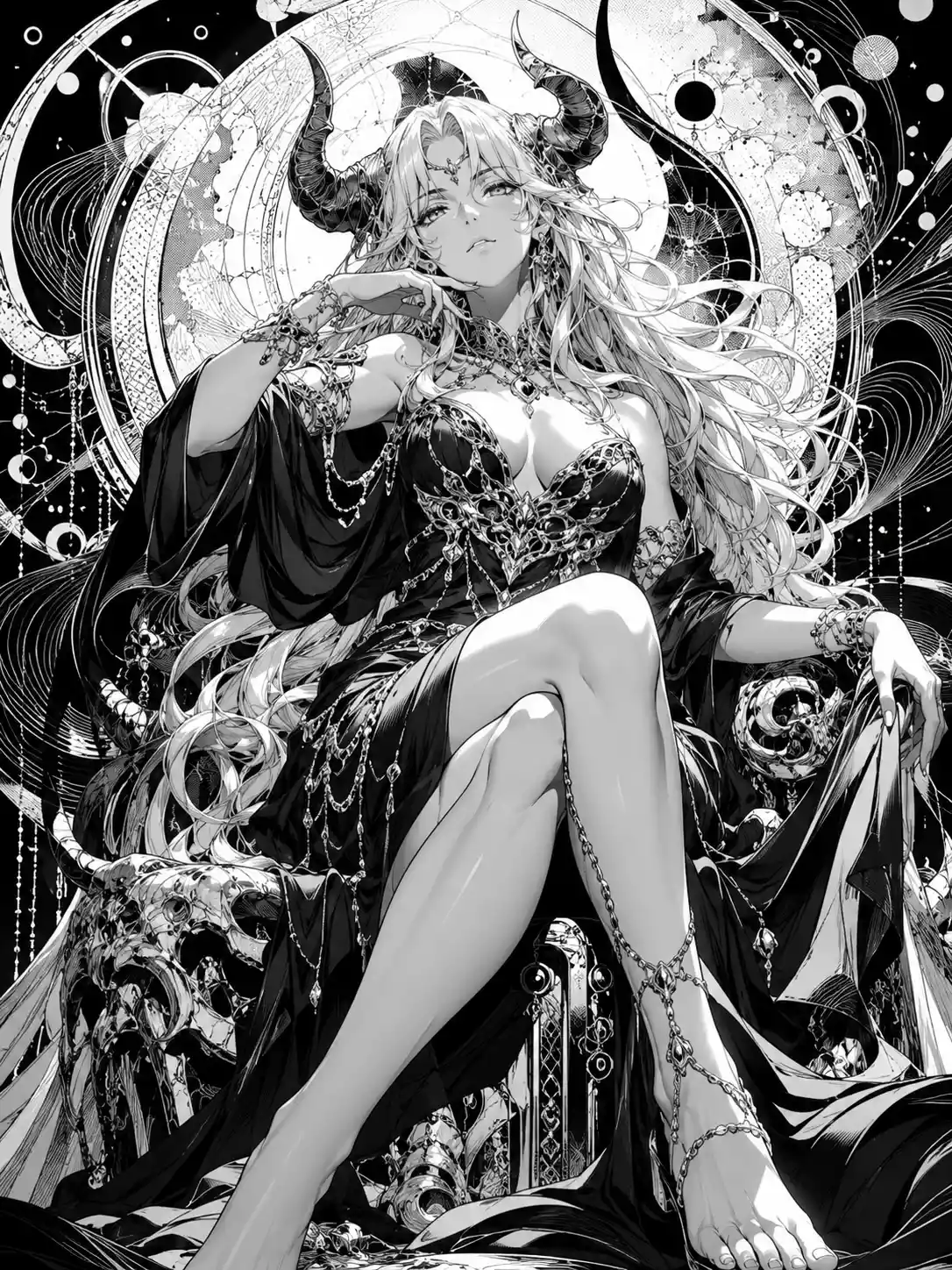 Fantasy horned woman in dramatic manga style illustration