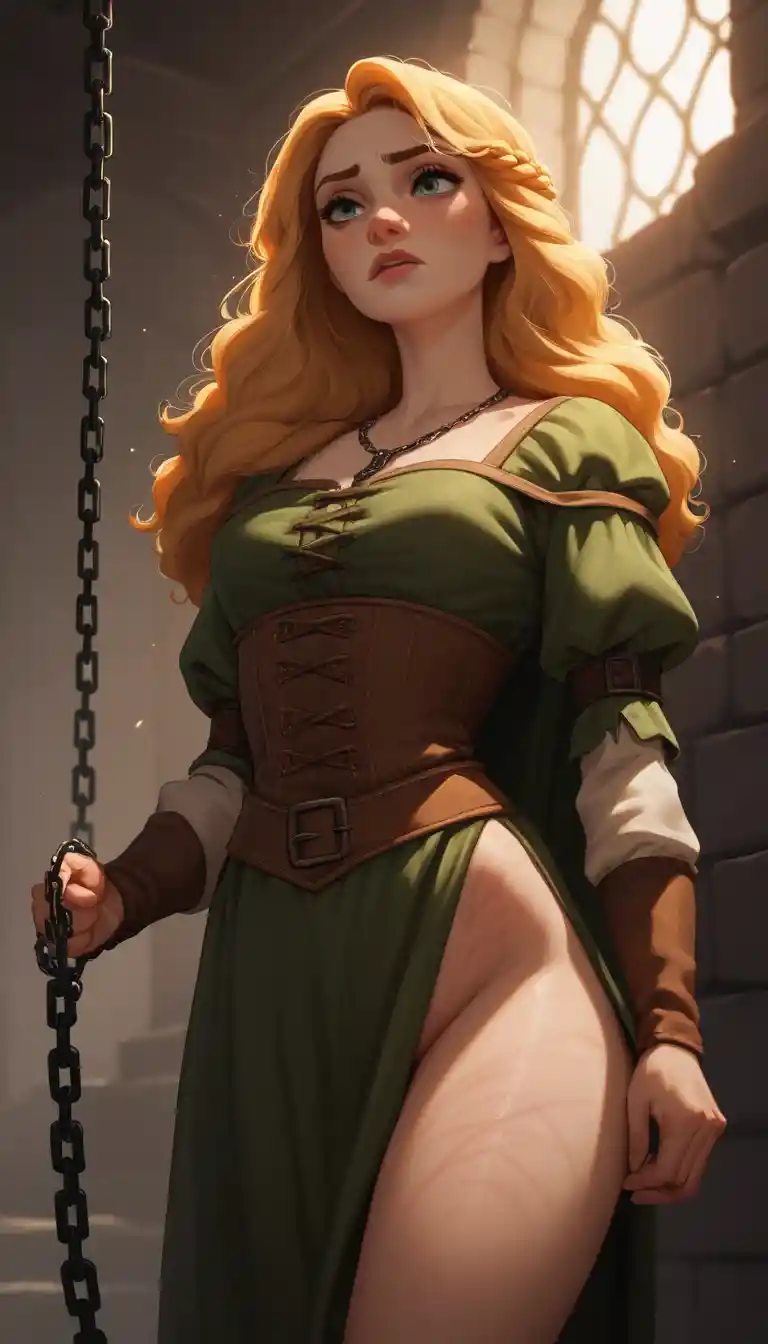 Wounded goddess in a dark medieval dungeon with torchlight