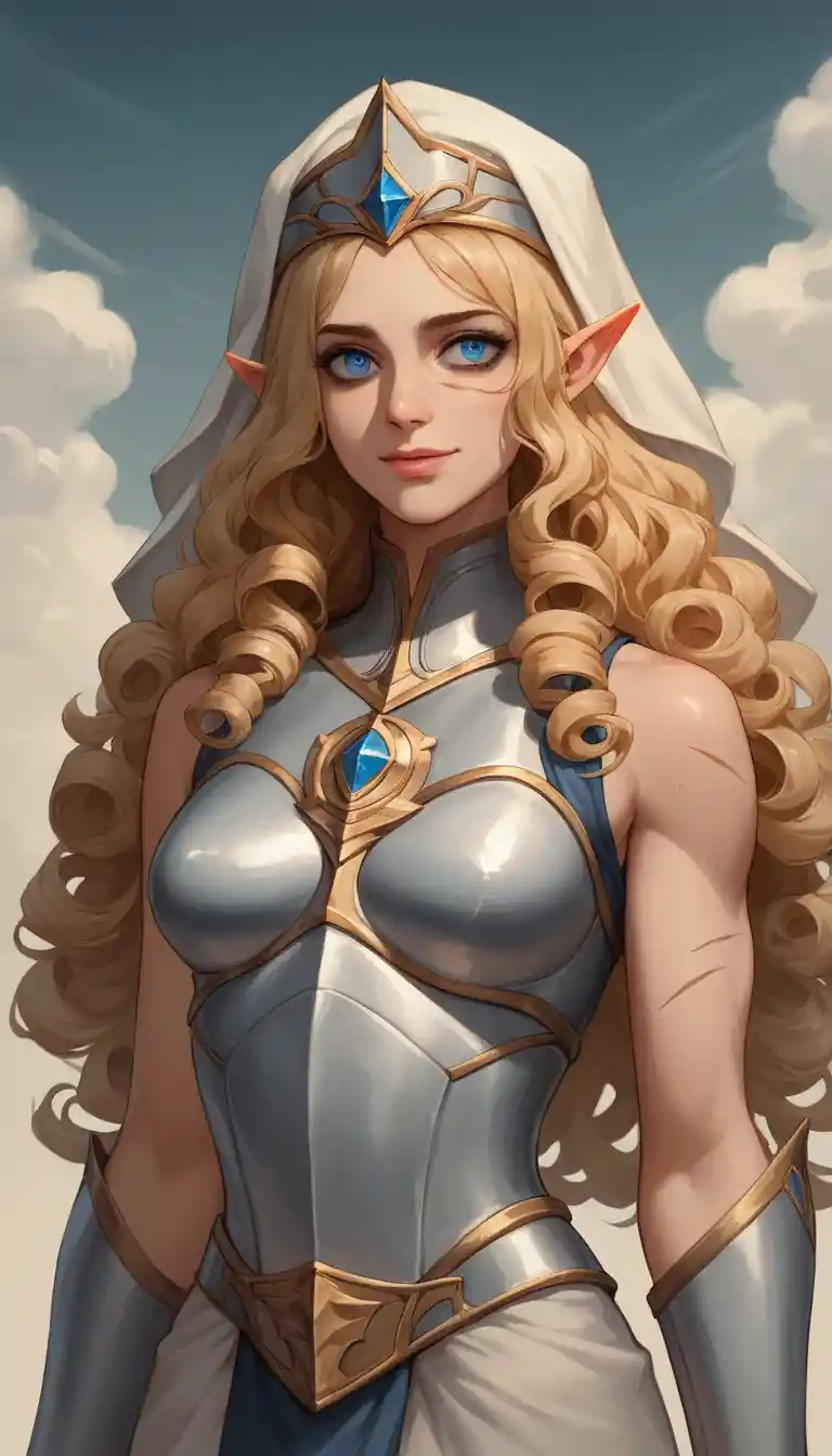 Half elf warrior woman with scars and gentle smile