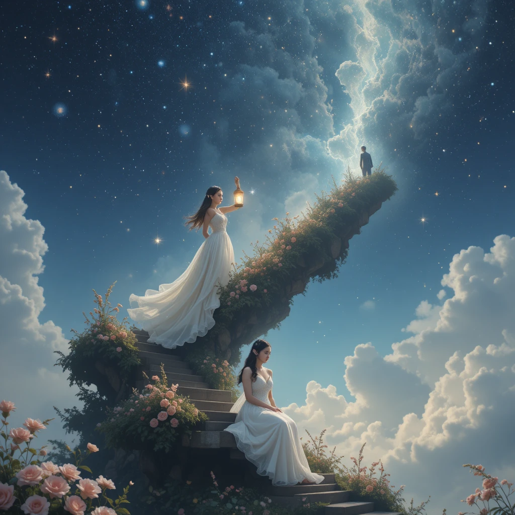 Chica en una escalera hacia el cielo con una linterna brillante