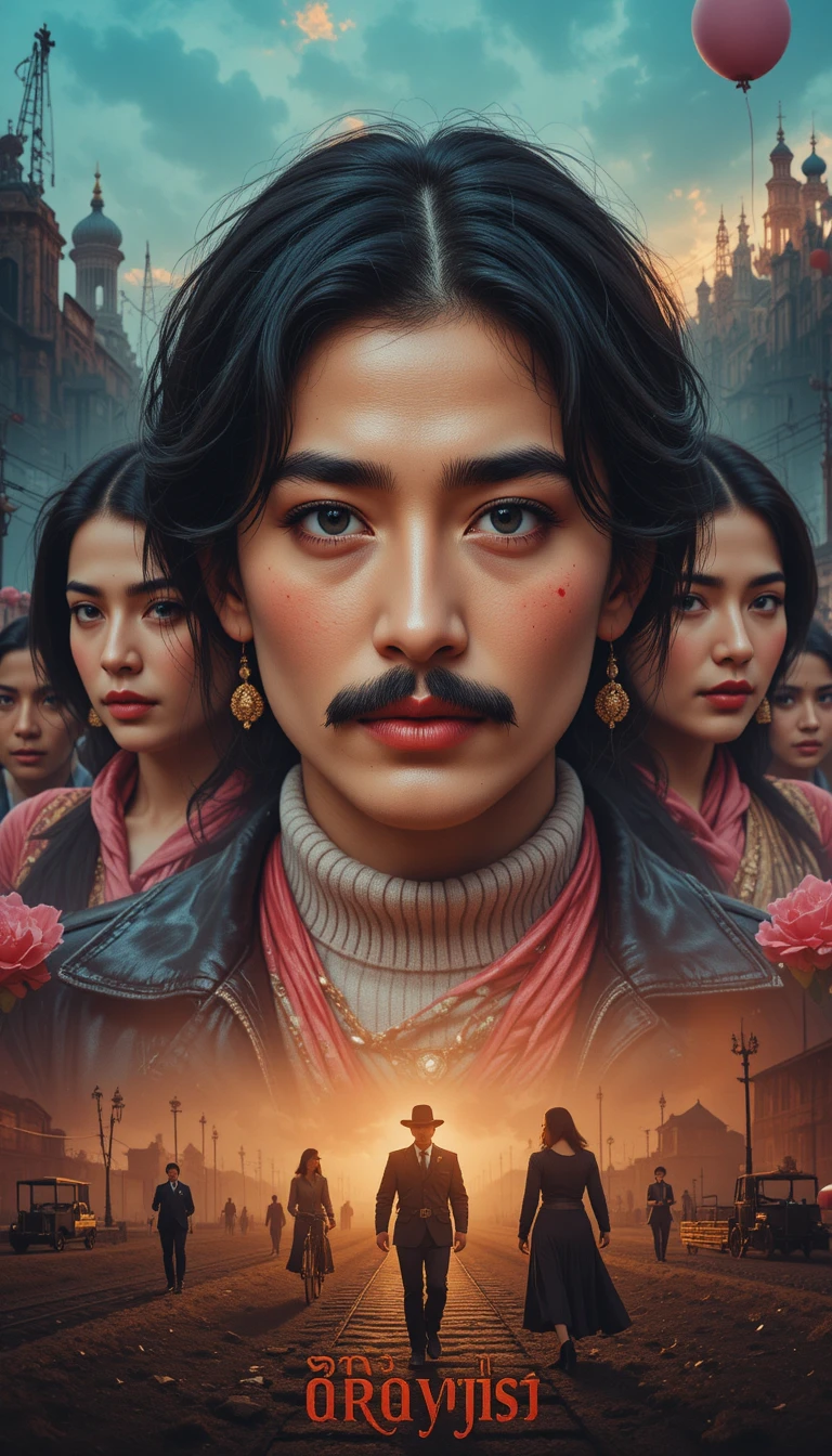 Póster de película cinematográfico en primer plano con mujer dramática en el centro