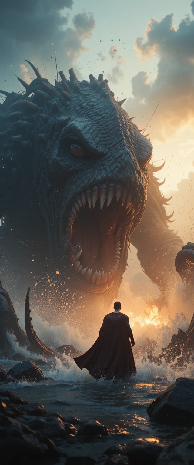 Superhéroe Enfrenta a Kraken Gigante en Batalla en Océano Tormentoso